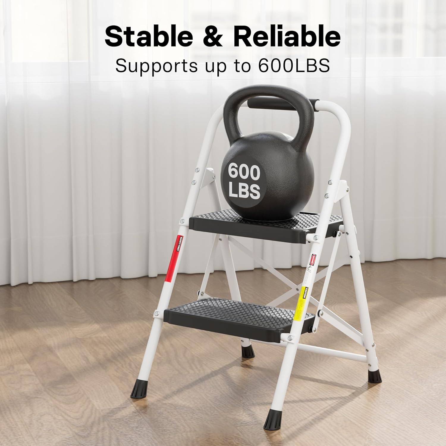 BONTEC 5-Step Ladder, 400lbs Max Load, Folding Step Stool with Tool Tray, Tool Bag, Handrails, Wide Anti-Slip Pedals, Sturdy Steel Ladder for Household  Work Use, Black