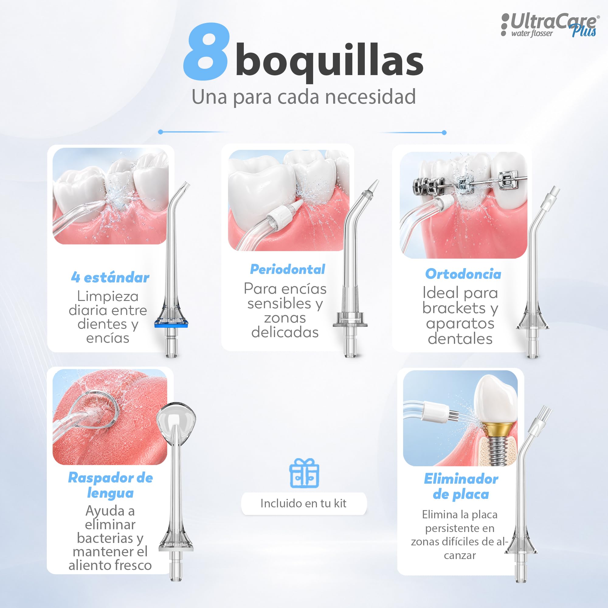 Irrigador Dental Portátil Aquapik UltraCare Plus 8 Boquillas 5 Modos 300 ml