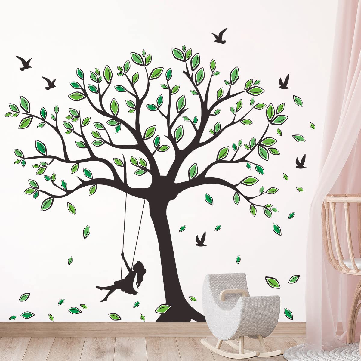 Calcomanía de pared de árbol gigante extraíble con hojas verdes que caen, calcomanía de pared para despegar y pegar, decoración artística de árbol negro para bebés, niños, niñas, dormitorio,