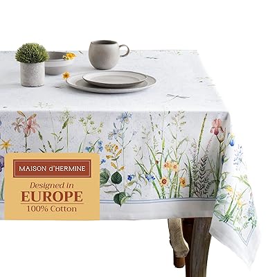 Maison d' Hermine Table Cloth Rectangle Table 100% Cotton 60 x 90 Inches Tablecloth Reusable Decorative for Dining Kitchen Room Farmhouse Home Easter Decorations Spring Summer - Fleurs De Mai