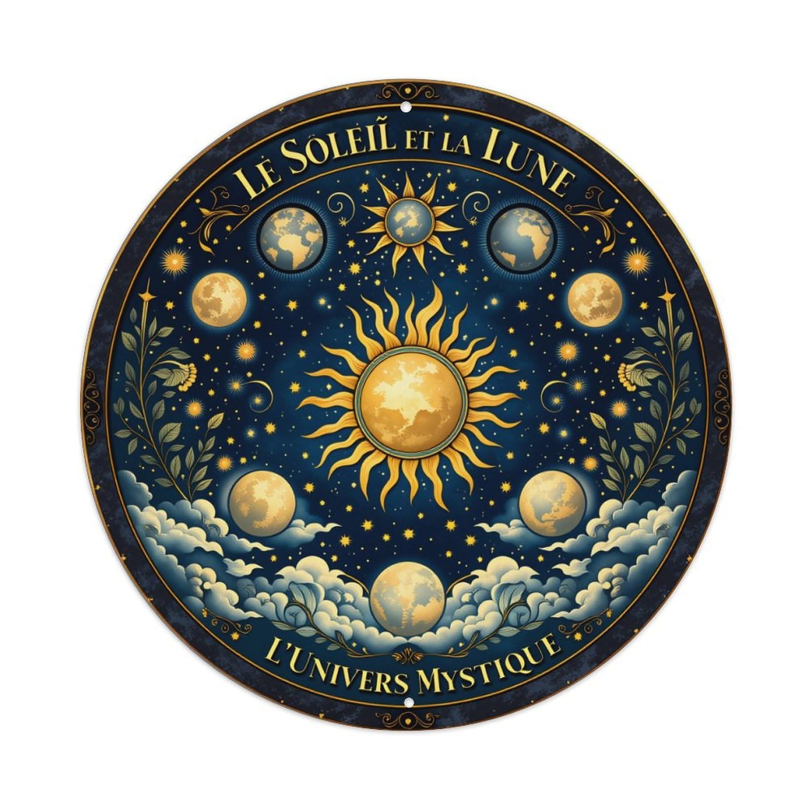 Sun And Moon Celestial Pattern With Stars And Clouds Round Vintage Tin Sign,Retro Wall Art,Metal Poster for Home, Bar, Garage, Cafe, Rustic Indoor & Outdoor Decor, 8x8 Inches