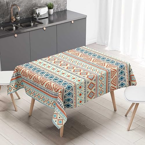 Mantel tribal Redondo para mesa de 4 sillas, color azul, naranja, marfil para cocina, comedor, fiesta, 54 x 54 pulgadas Mantel tribal Redondo para mesa de 4 sillas, color azul, naranja, marfil para cocina, comedor, fiesta, 54 x 54 pulgadas