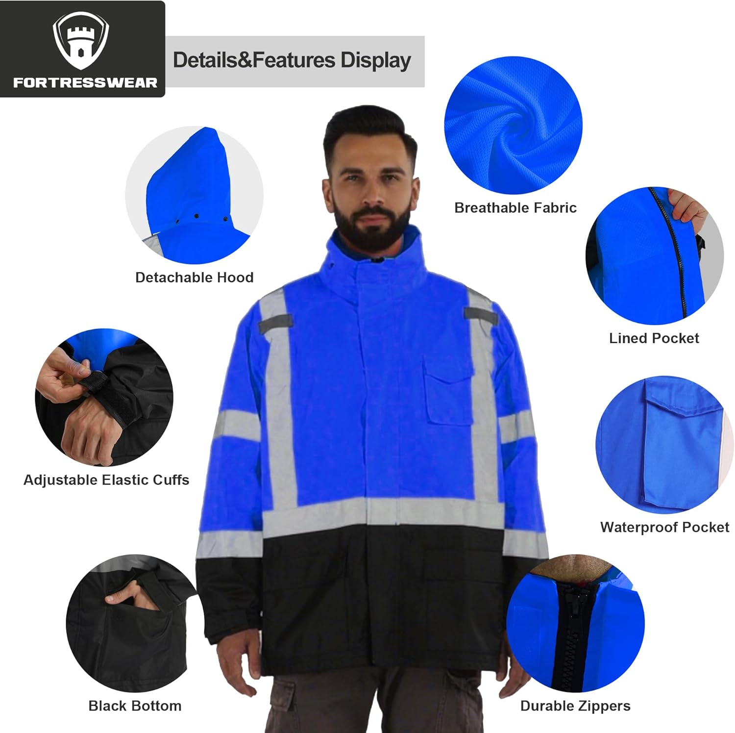Hi Vis Rain Jackets for Men Reflective Waterproof High Visibility Class 3 Safety Rain Coat with Black Bottom - Image 2