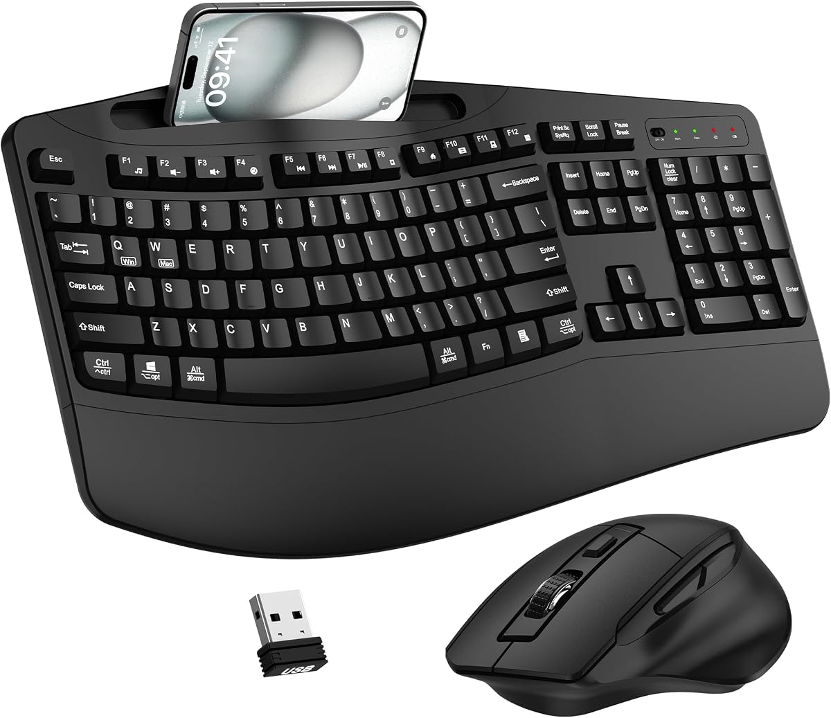 Combo de teclado y mouse inalámbricos, teclas onduladas ergonómicas de 2.4G (negro) | Teclado ondulado de tamaño completo con reposamuñecas, soporte para teléfono, ratón ergonómico ajustable de 3 niveles DPI para Windows y Mac OS