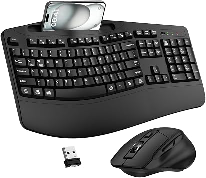 Wireless Keyboard and Mouse Combo, 2.4G Full Size Wave Keys Ergonomic Keyboard with Wrist Rest, Phone Holder, 3-Level DPI Adjustable Wireless Ergonomic Mouse for Windows, Mac Desktop/Laptop/PCBlack