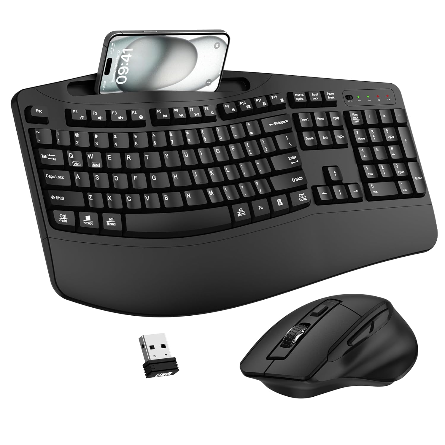 Wireless Keyboard and Mouse Combo 2 4G Full Size Wave Keys Ergonomic Keyboard with Wrist Rest Phone Holder