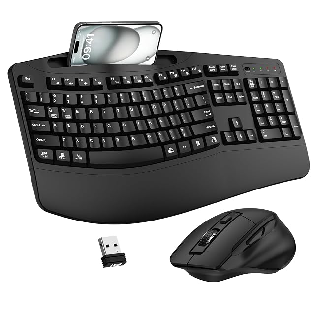 Wireless Keyboard and Mouse Combo 2 4G Full Size Wave Keys Ergonomic Keyboard with Wrist Rest Phone Holder