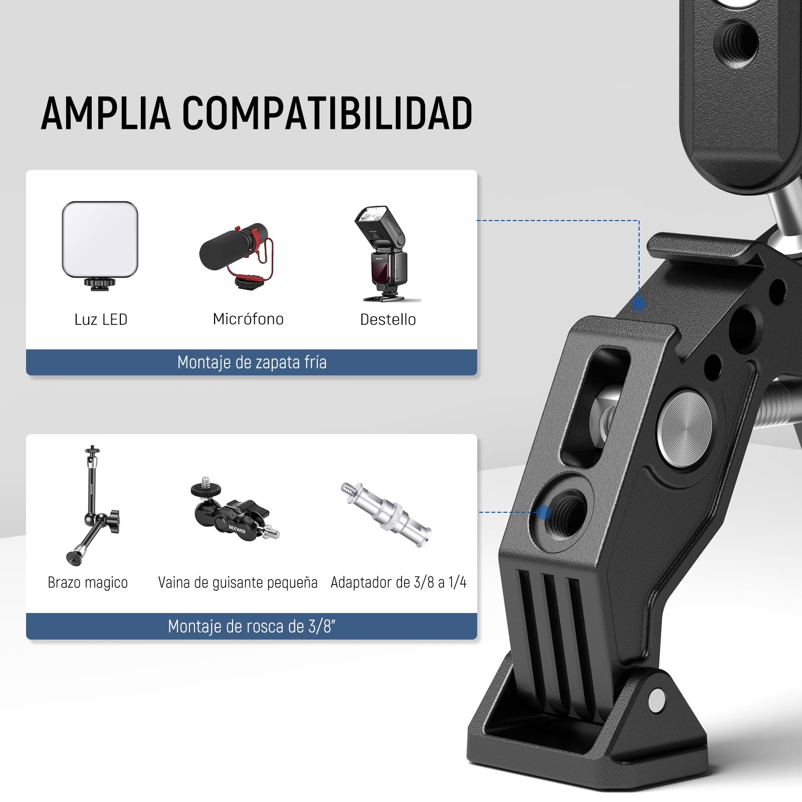 Neewer Soporte de cámara de Doble Abrazadera con Brazo mágico, Zapatos fríos para Escritorio, Estudio, Soporte de luz, Reflector de fotografía, Bandera, Barras transversales, Motocicleta, Paraguas,