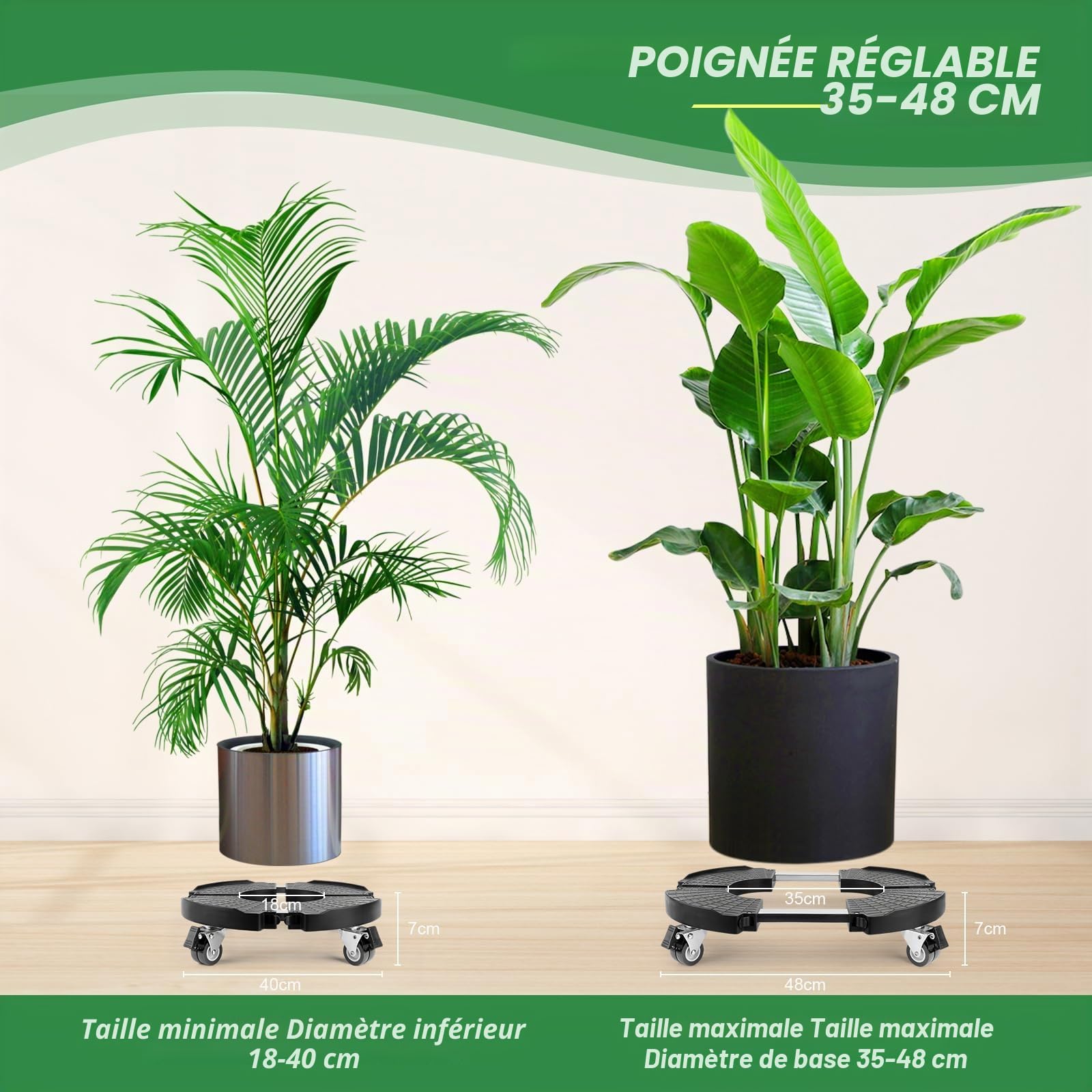 Porte Plante a roulettes, Réglable Ø 35-48cm, Capacité De 150 KG Supports de Pots de Fleurs à roulettes pour Support de Pot de Fleur