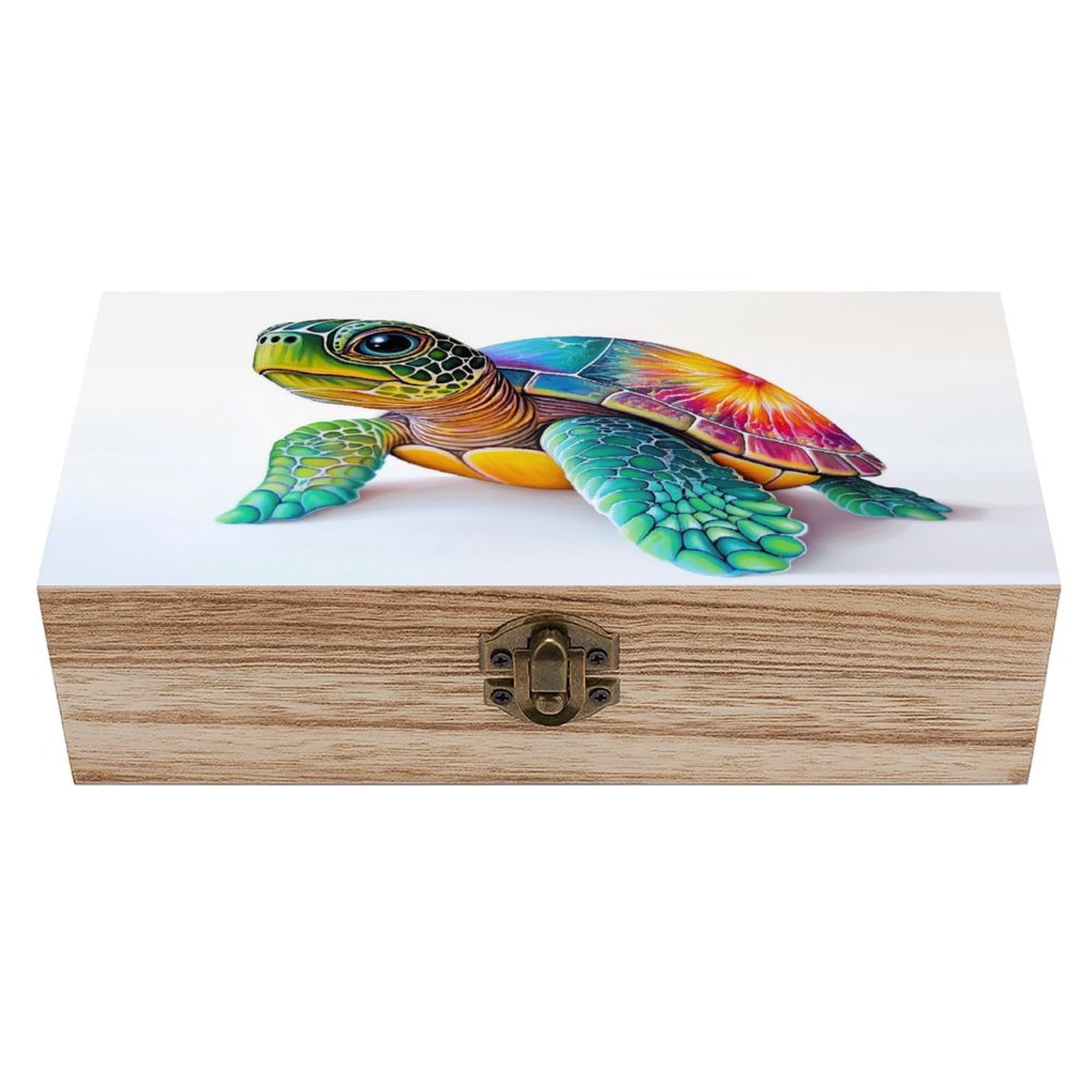 Ahdyr Wide Eyed Sea Turtle Wooden Storage Box with Hinged Lid And Front Clasp Large Keepsake Box
