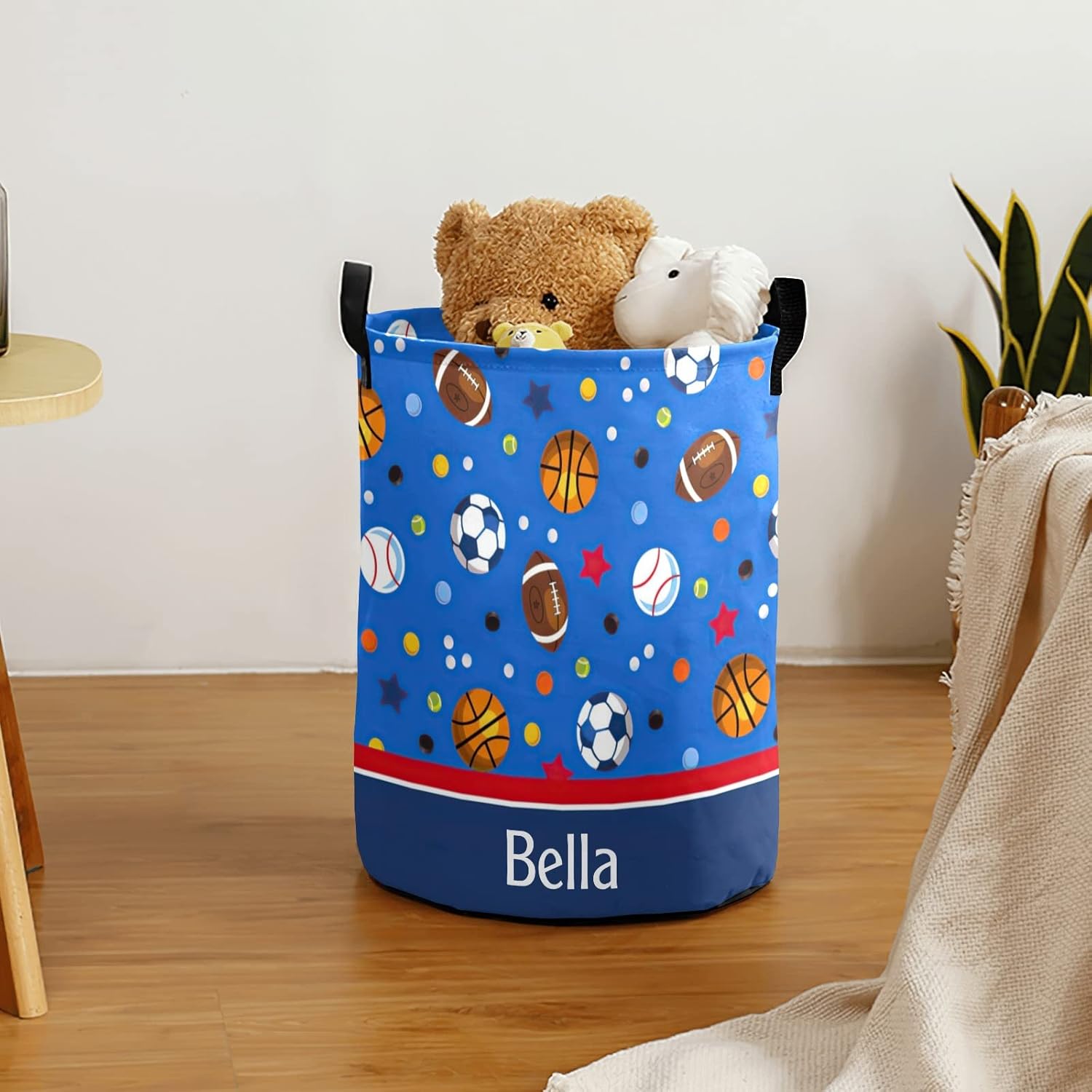 Sports Soccer Balls Green Personalized Laundry Basket Clothes Round Storage Handle Waterproof, Custom Foldable Large Capacity and Lightweight, For Bedroom Bathroom Toy Decoration