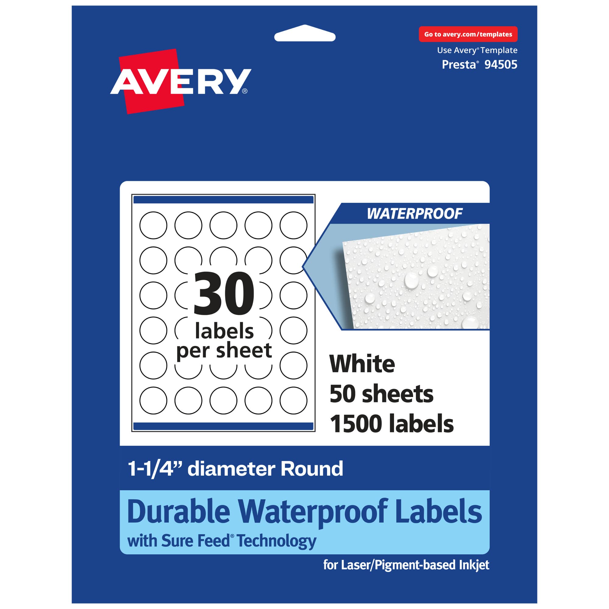 Avery Durable Waterproof Round Labels, Sure Feed Technology, 1.25" Diameter, 1,500 Total, Oil and Tear-Resistant Waterproof Labels, Print-to-The-Edge,