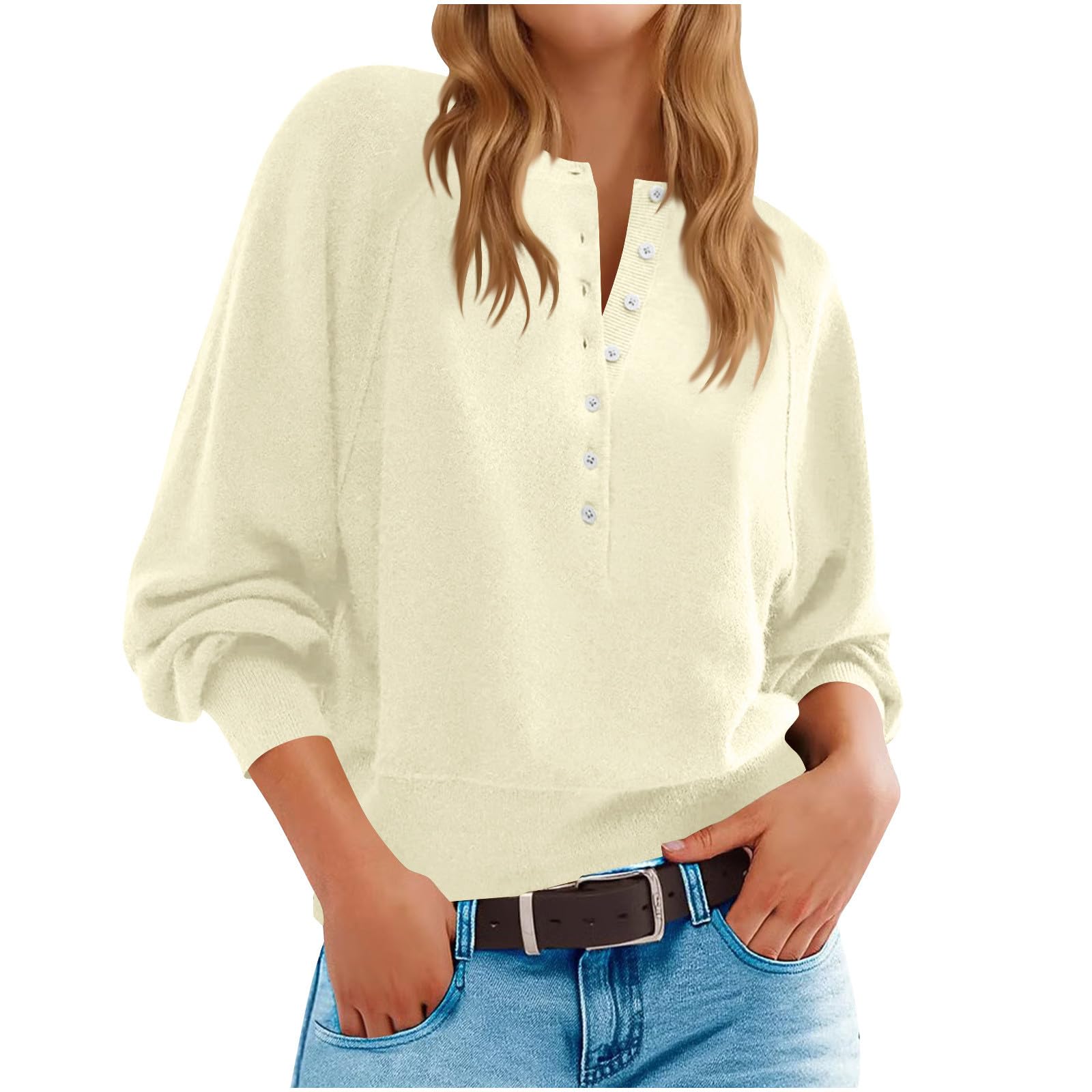 Womens Button Sweater Crew Neck Fall Long Sleeve Henley Shirts Loose Knit Pullover Tops Lantern Sleeve Sweaters