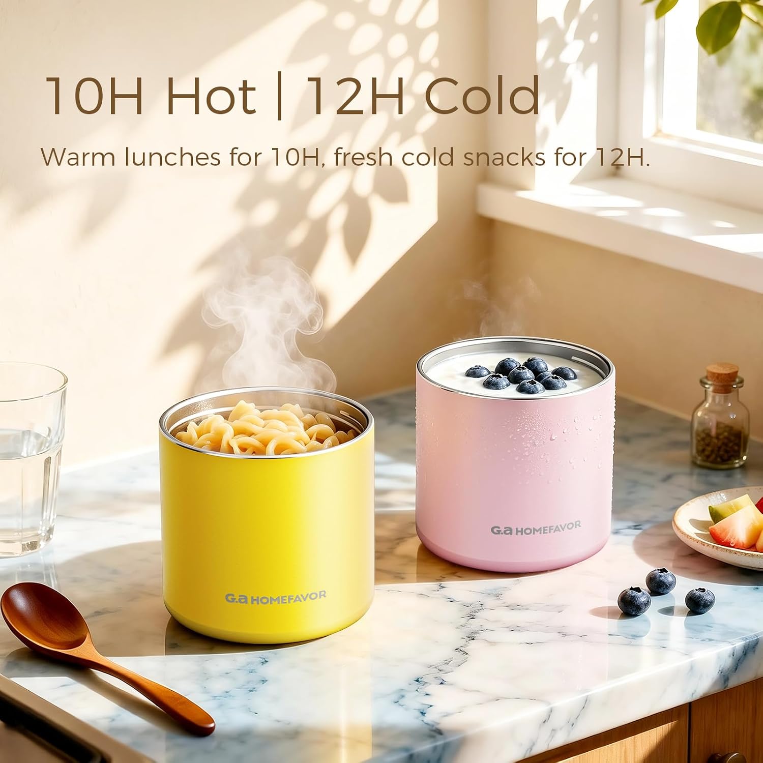 G.a HOMEFAVOR Insulated Food Jar 18oz - 2 Pack Vacuum Stainless Steel Food Containers for Hot & Cold Meals, Thermo Leakproof Bento Box for Kids, Pink and Yellow