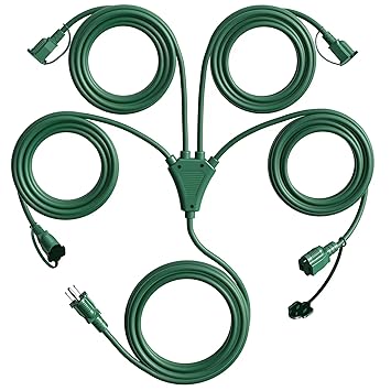Eversimpleinc 1 to 4 splitter extension cord (combined 31ft, end to end 13ft), 3 prong plug with 4 extended outlets, with weatherproof covers for