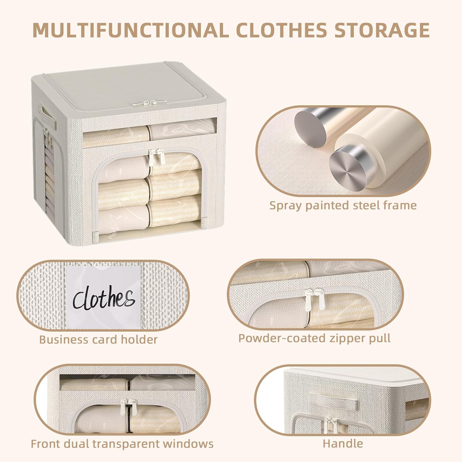 FHSQX 6 Pack Foldable Storage Bins for Clothes Clothes Storage Bins with Metal Frame Stackable Storage Box with Lid (Cream White, 16.5x12.2x12.2 inch (40L))