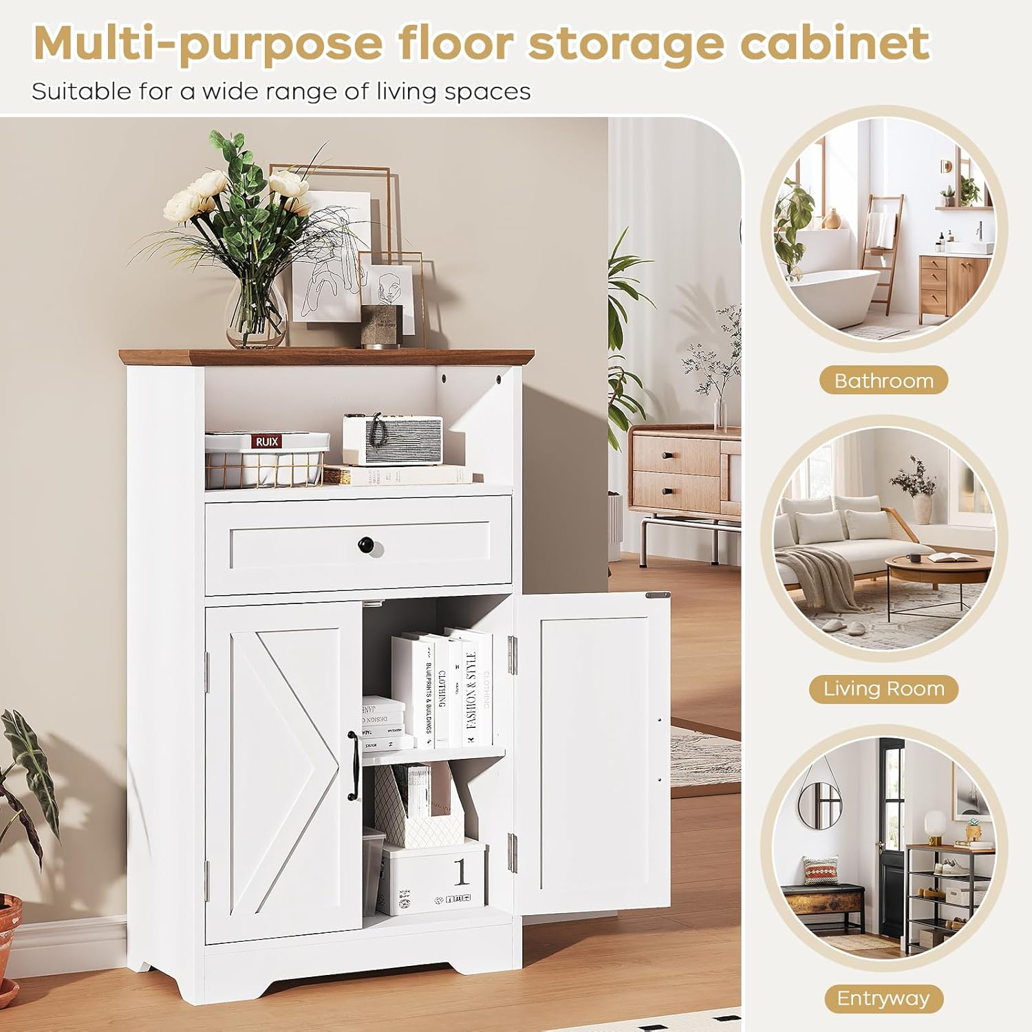 Floor Cabinet, Farmhouse Storage Cabinet with Barn Doors and Drawer, Freestanding Adjustable Shelf Organizer for Bathroom, Kitchen, Living Room White