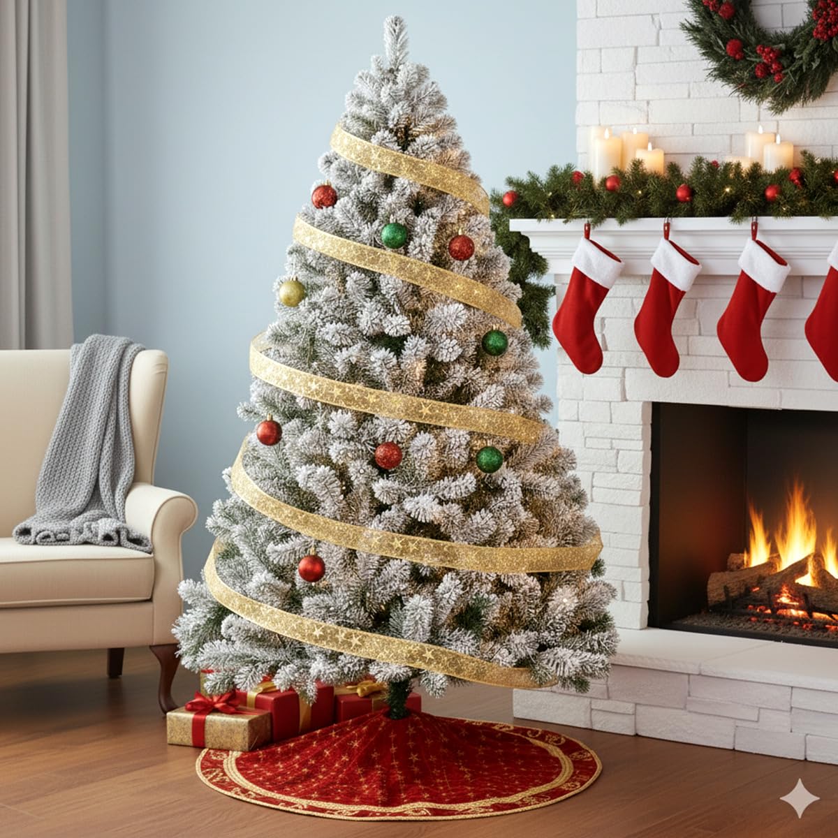 Sapin de Noël artificiel floqué de neige de 1,2 m avec 450 branches, épicéa de la vallée du Nord, support pliable en métal et accessoires de qualité supérieure – Assemblage facile, décoration de
