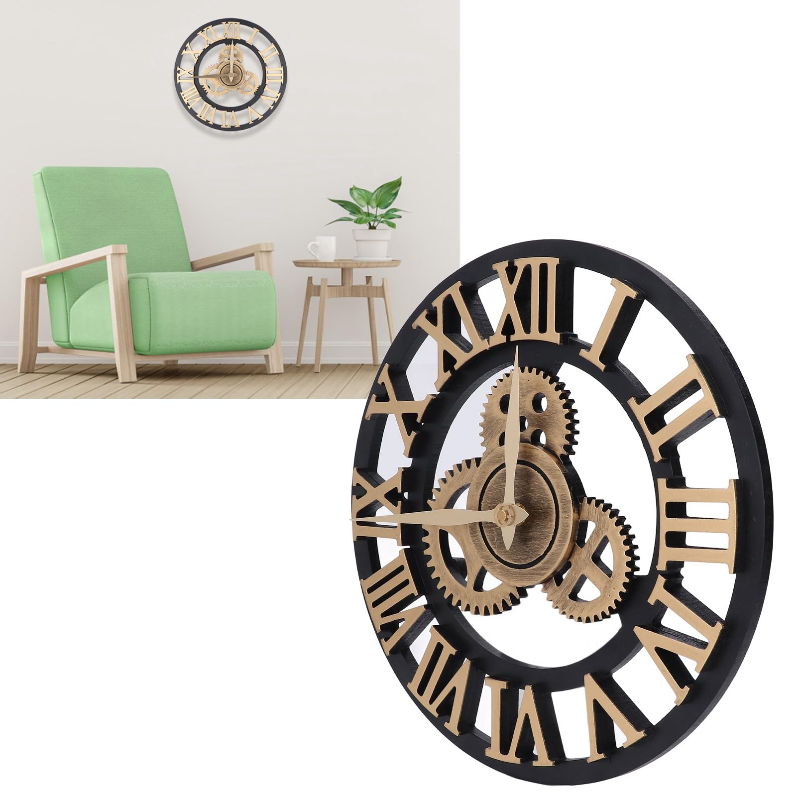 Reloj de pared retro 3D grande de 34 cm con engranajes de madera vintage con números de estilo industrial, reloj de pared con engranajes móviles, reloj de pared para el hogar, sala de estar