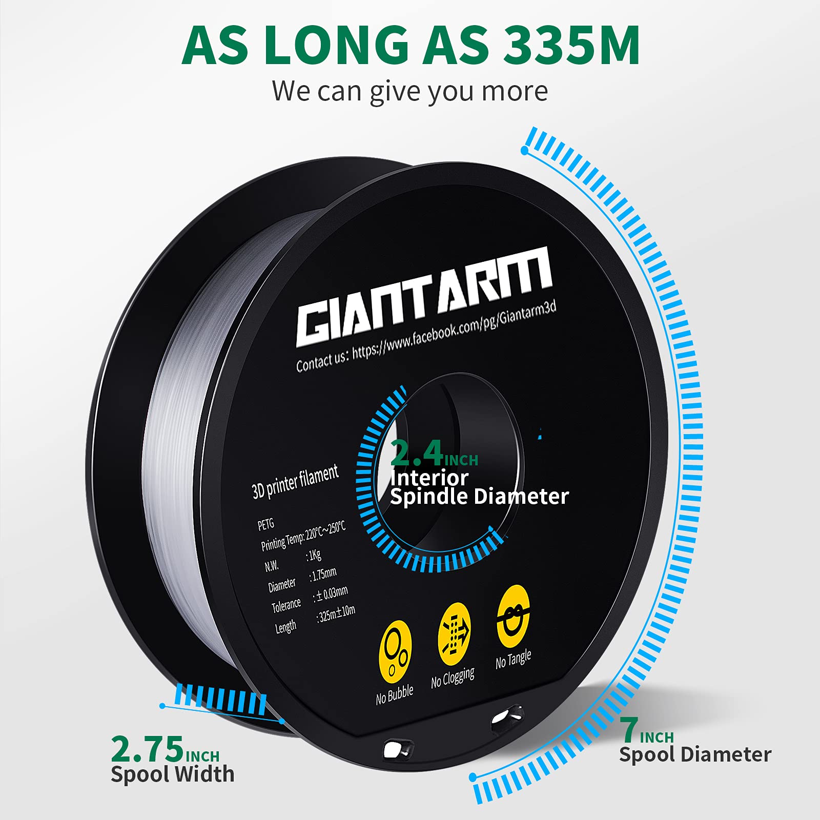 PETG Filament per Stampante 3D, GIANTARM PETG Filament 1,75mm, Dimensional Accuracy +/- 0,2mm 1kg, Transparen