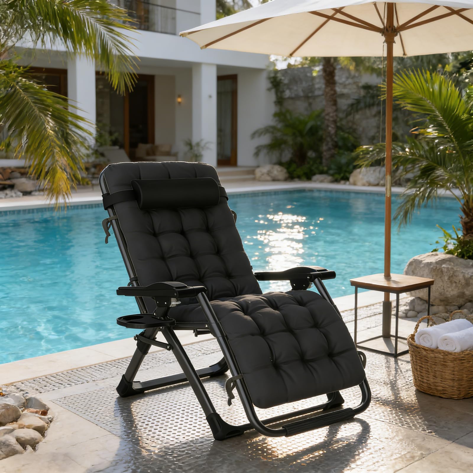 Silla Tumbona Plegable Negro Gravedad Cero 72 cm Ancha Tumbonas Jardin Exterior con Almohada Cervical Desmontable, Cojín y Funda Tumbona, Ideal para Terraza, Jardín, Playa