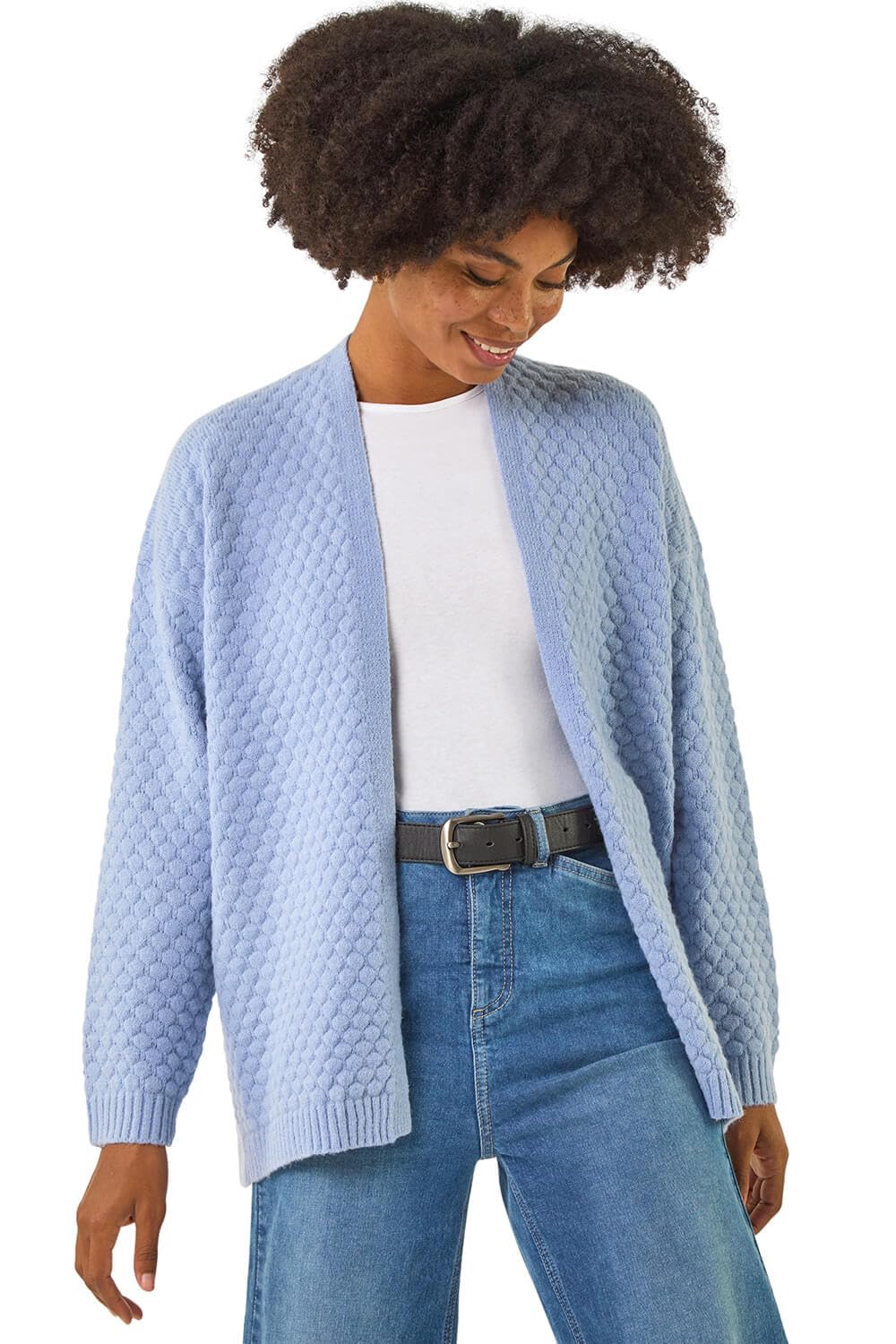 Roman Women's Waffle Knit Cardigan Sweater in Light Blue | Size: 14
