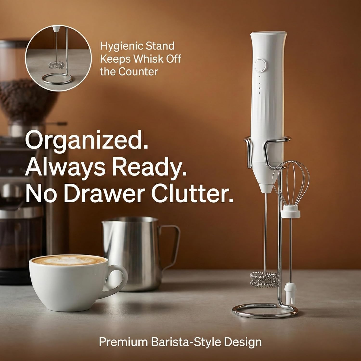 Nova Rechargeable Milk Frother Handheld Electric Coffee Frother with Dual Spring Whisk | Foam Maker for Latte, Cappuccino, Matcha & Hot Chocolate | 3 Speed Modes |USB Charging | Stand Included | White