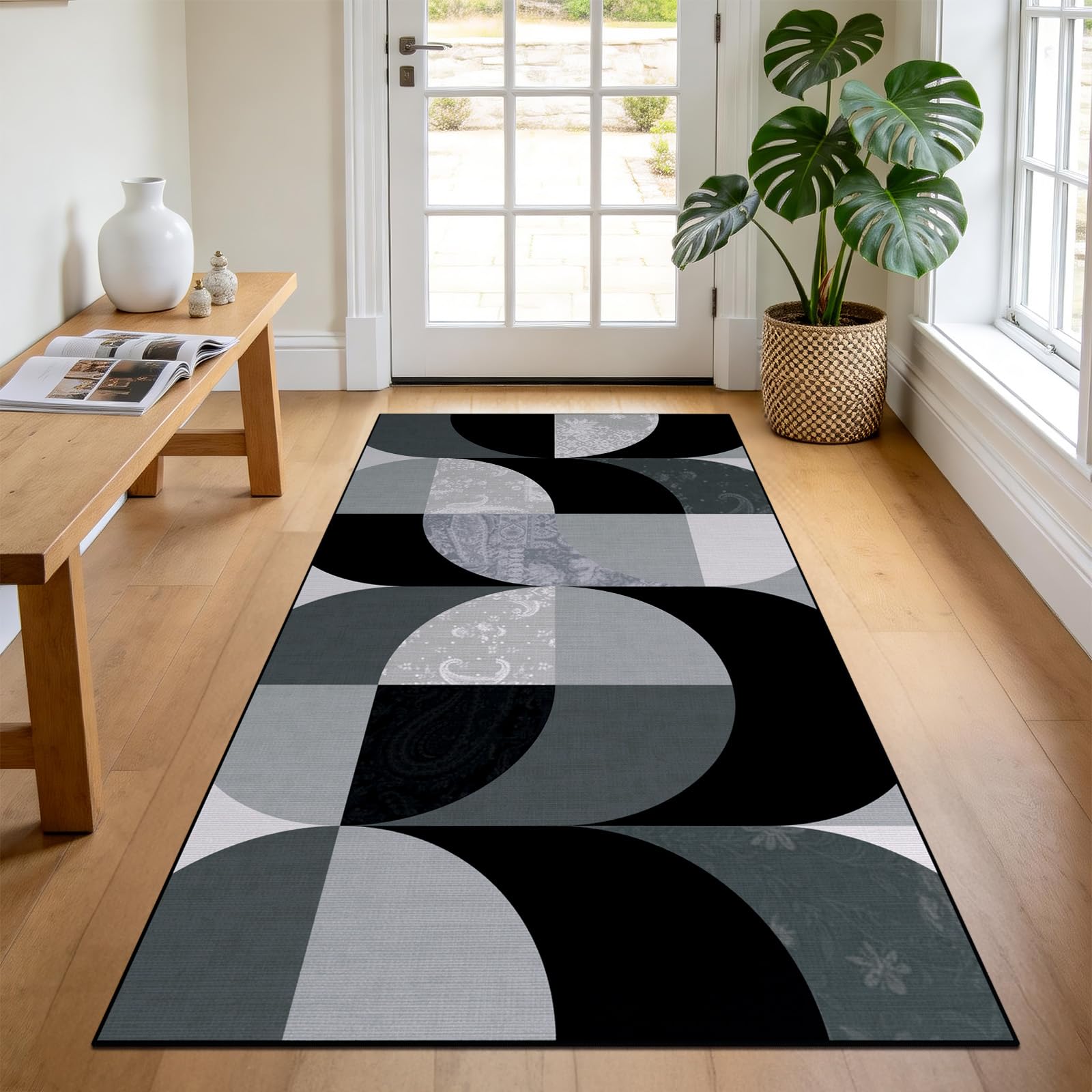 TUKDAK Boho Hallway Runner 80x150 cm, Black Checkered Washable Runner Rugs for Hallway, Kitchen Rug Non Slip, Soft Short Pile Floor Carpet for Bedroom Entryway Living Room Laundry Non Shedding