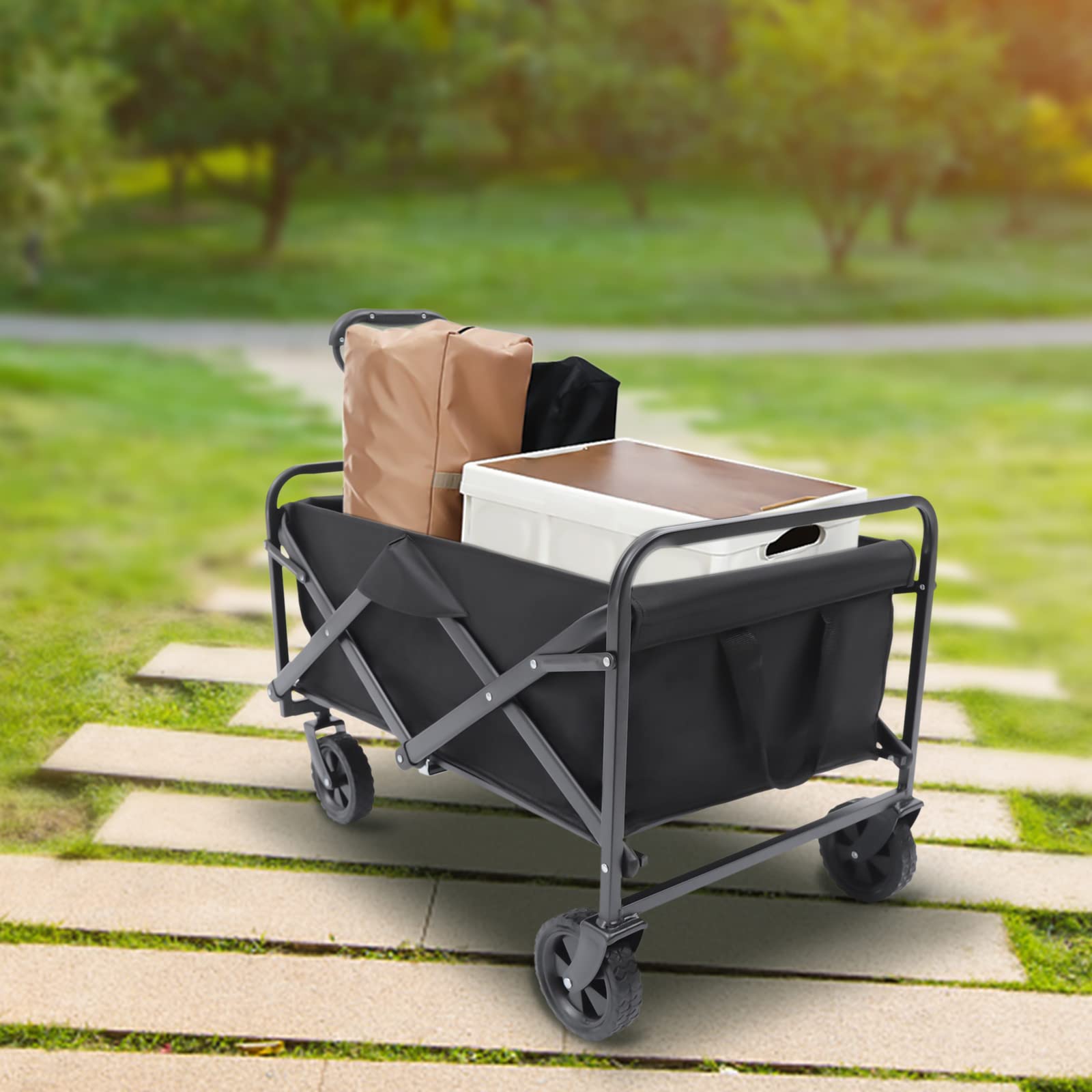 Faltbarer Handwagen - Klappbarer Bollerwagen für Garten, Strand und Camping - Outdoor Transportkarre mit Gummirädern - Verstellbarer Griff und 2 Getränkehalter - Bis zu 80kg Tragkraft