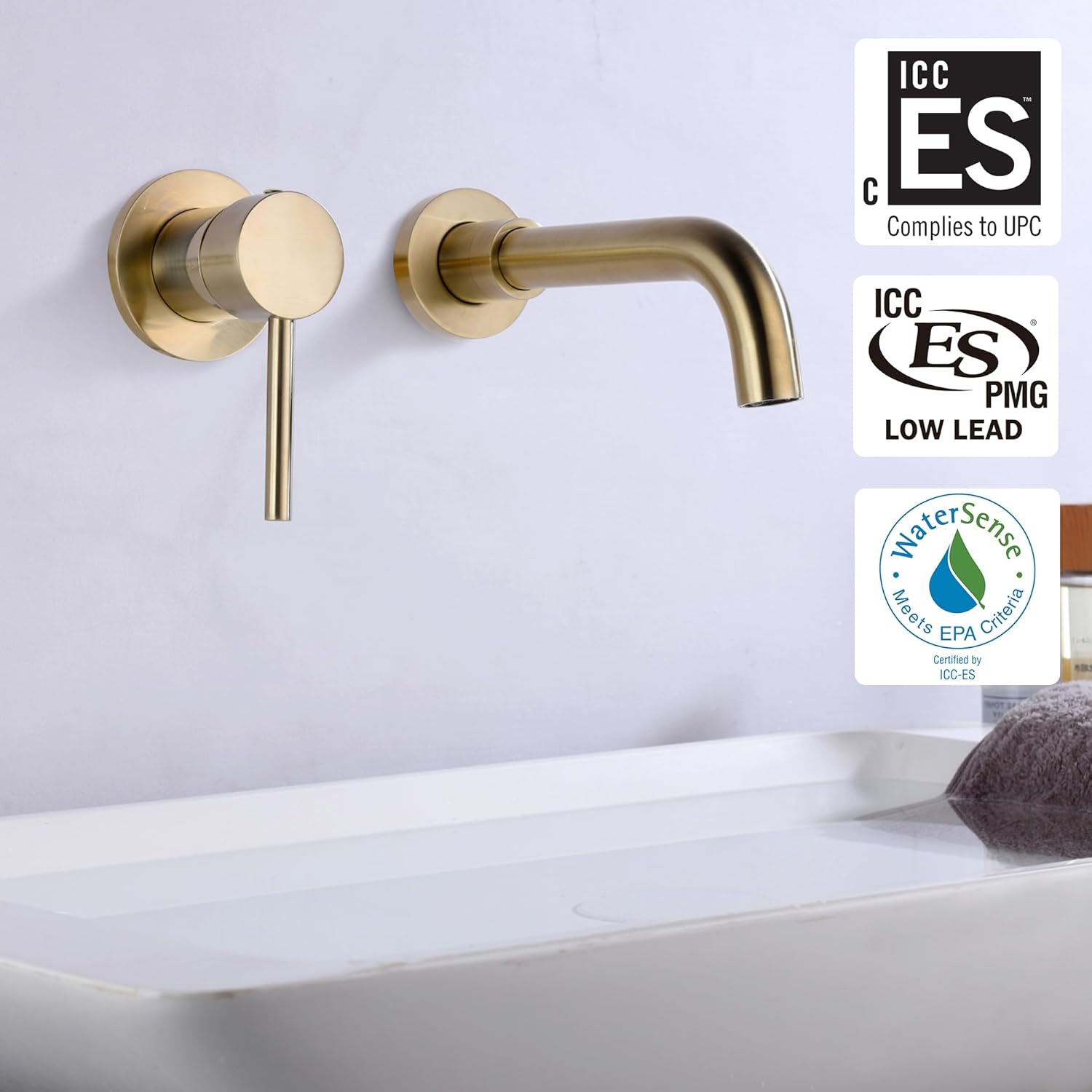 sumerain Wall Mount Bathroom Faucet Brushed Gold Lavatory Faucet, Single Left-Handed Handle