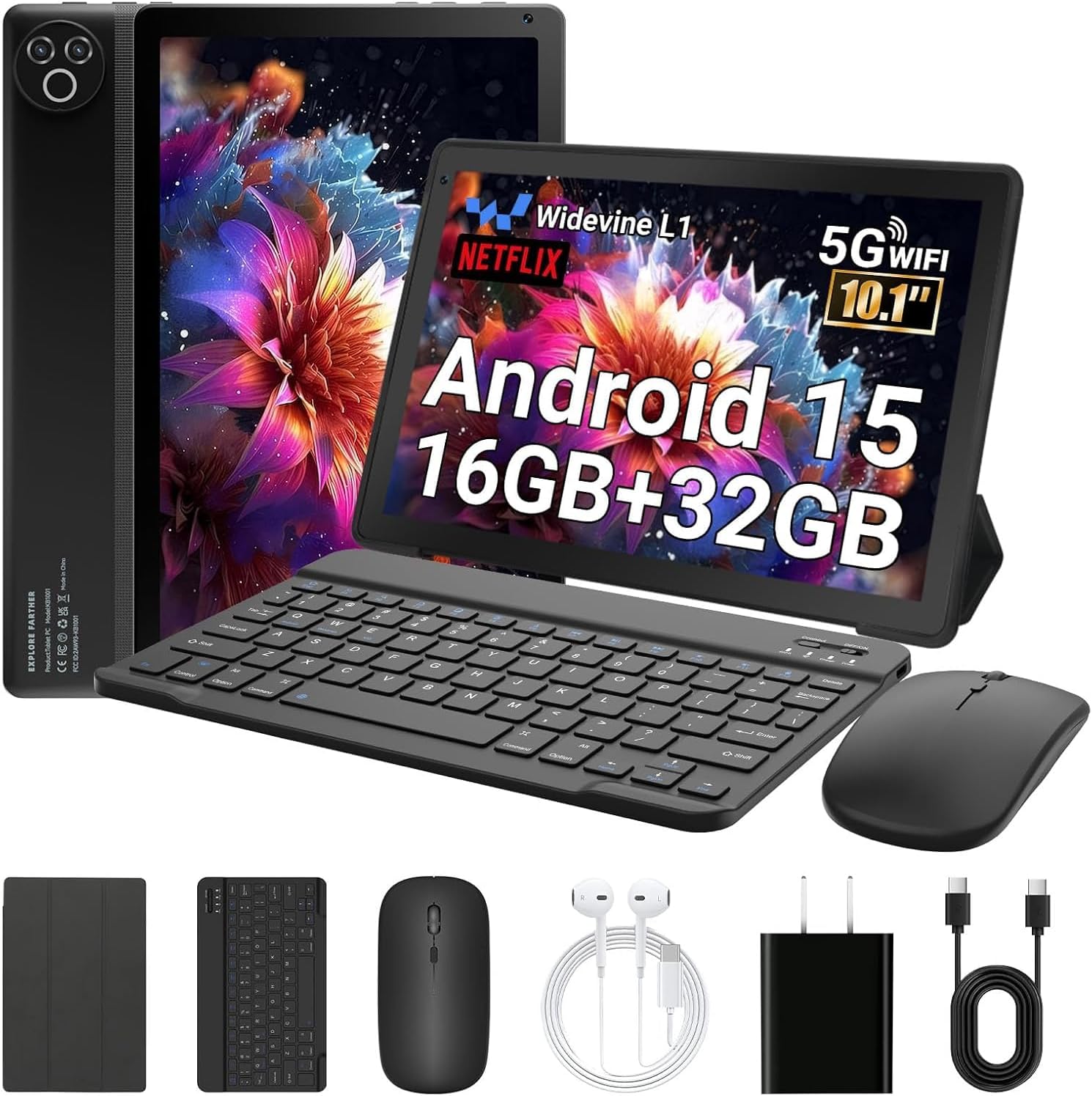 Laptok Tablette 10 Pouces Android 15 Tablette avec 32 Go ROM+1 to TF 5000 mAh WiFi 6 Bluetooth 5.4 Widevine L1 Tablette Tactile avec Clavier et Souris Noir