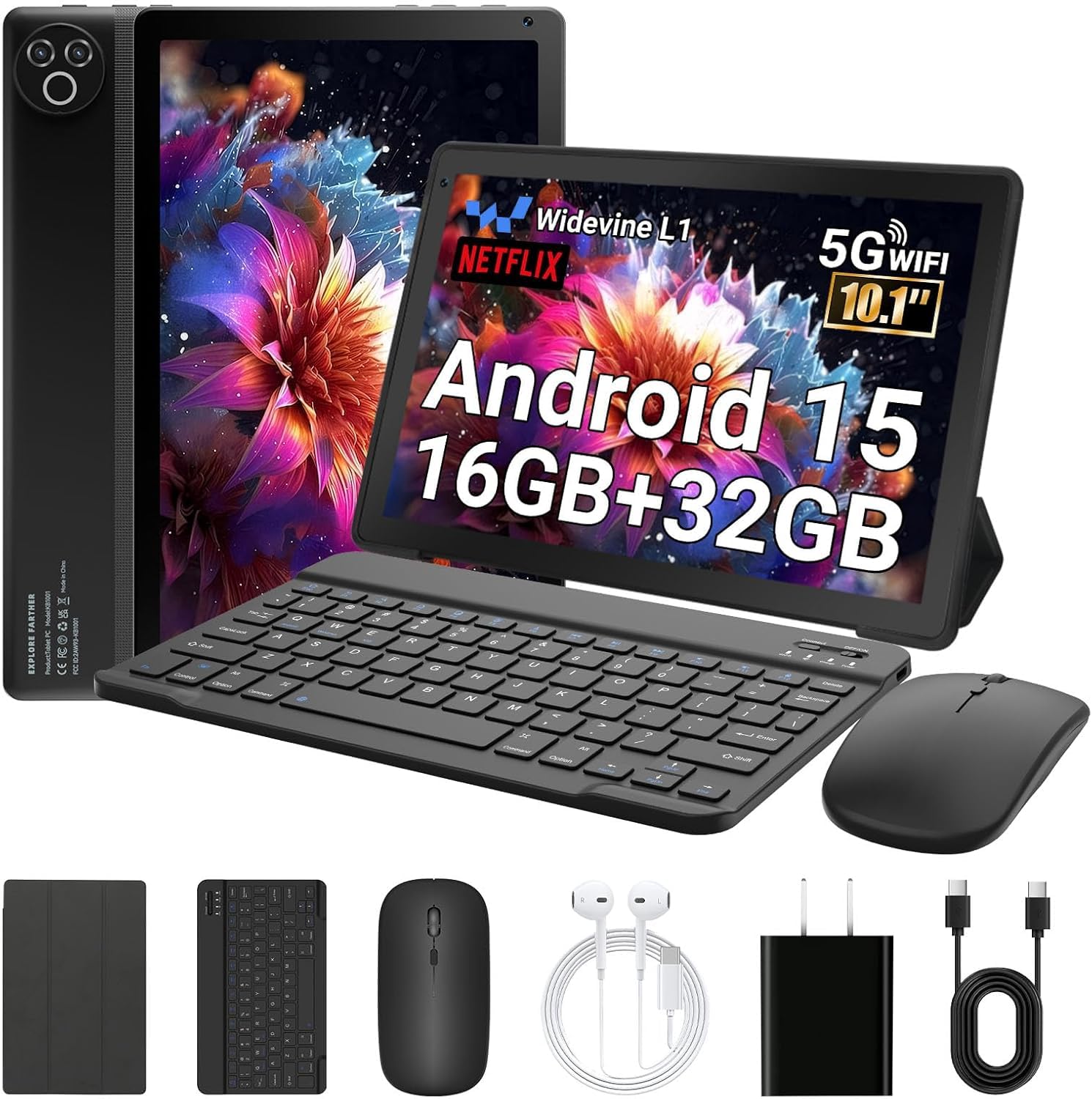 Tablette 10 Pouces, Android 15 Tablette avec 32 Go ROM+1 to TF, 5000 mAh, WiFi 6, Bluetooth 5.4, Widevine L1, Tablette Tactile avec Clavier et Souris, Noir