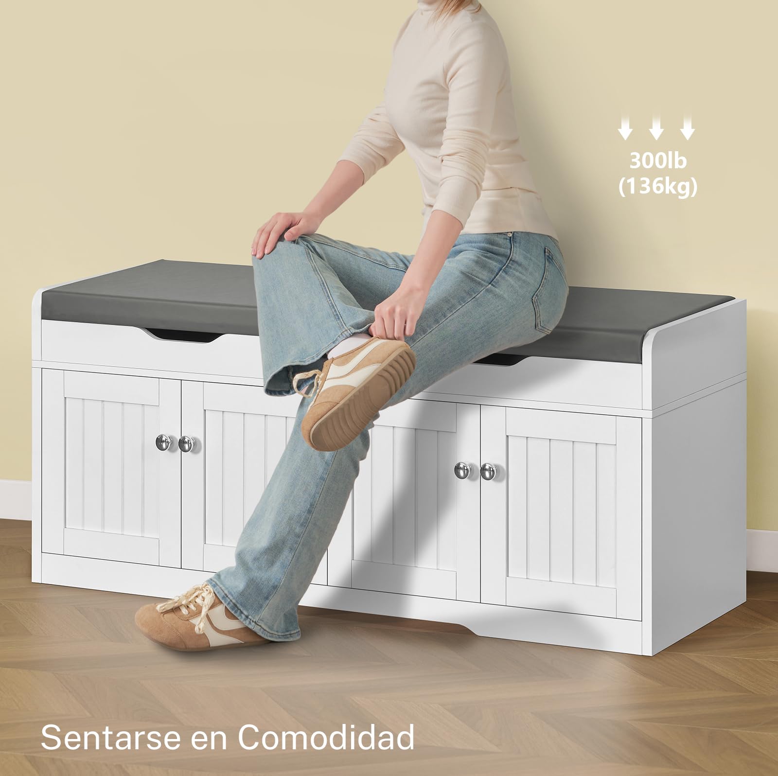 TEENFON 120 cm (B) Banco Zapatero con Asiento, Banco Recibidor, Zapatero con Almacenamiento y Asiento Acolchado, Estantes Regulables y Compartimento Oculto, Soporta 136 kg, Blanco, 120×35×50 cm