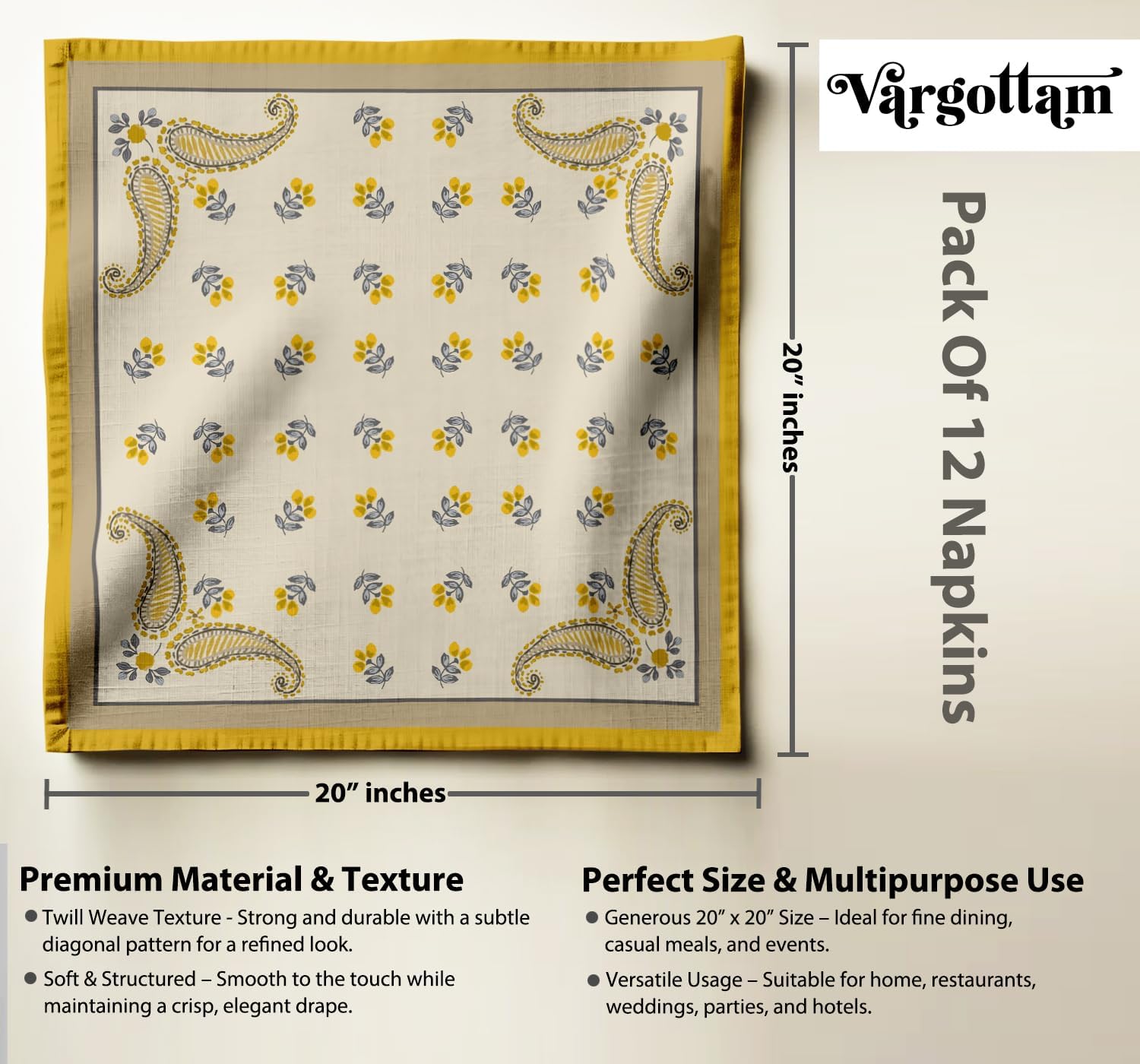 Designer Cotton Twill Block Print Napkins - Set of 12, 20-Inch, Yellow Color, Durable & Absorbent Cloth Napkins for Dining, Parties, and Home Decor - Machine Washable