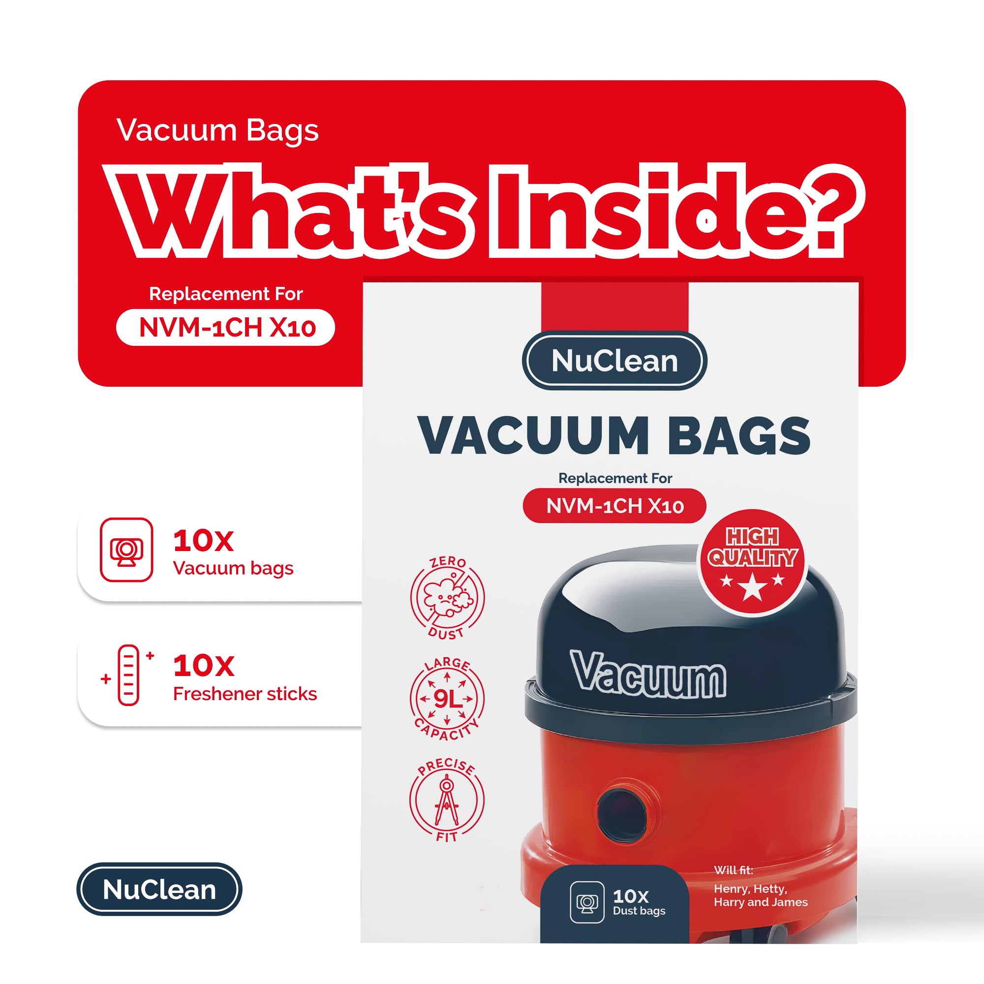 Replacement for Henry Hoover Bags - Compatible with Henry, Hetty, NVM-1CH Vacuum Bag (10 Bags & 10 Freshners) - 1