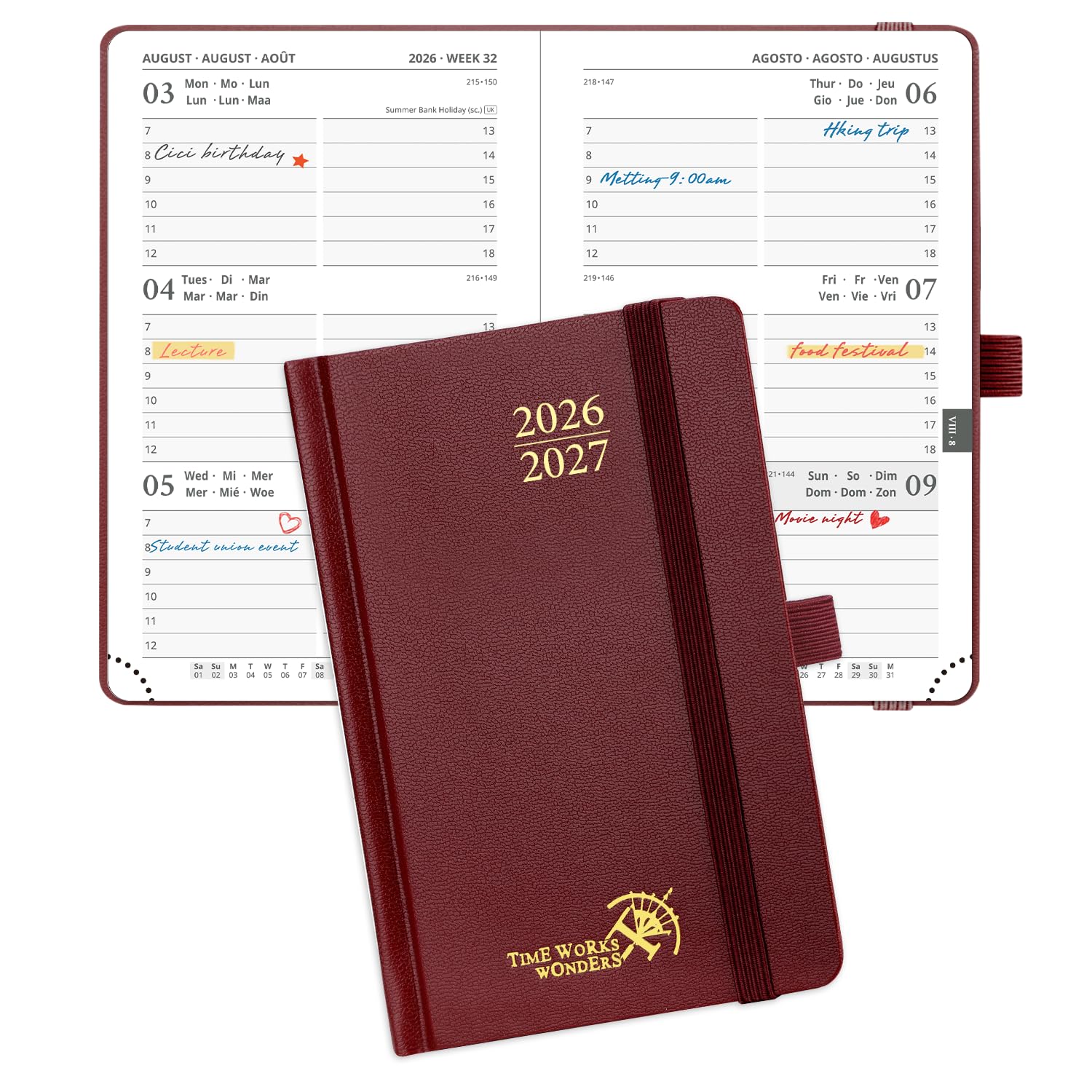 POPRUN Pocket Academic Diary 2026-2027 Small Hardback A6 (16x10.5 cm) Week to View 17 Months (Aug'26 - Dec'27),Mid Year Weekly Planner, Inner Pocket(Burgundy)