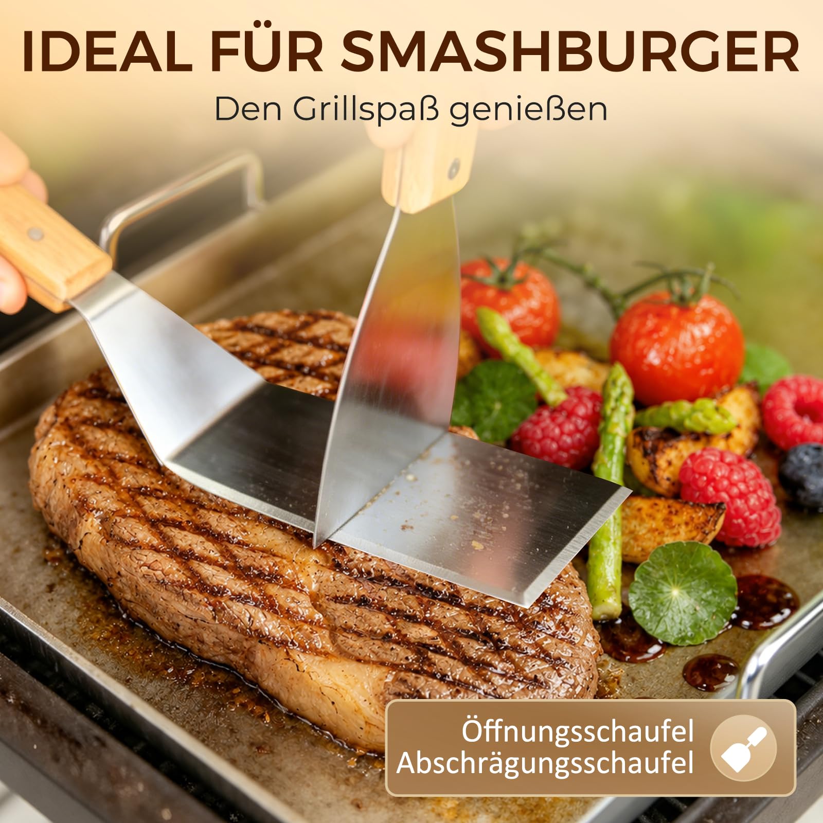 Grillplatte Plancha Geschenke für Männer Frauen, Grillplatte aus 4mm rostfreiem Edelstahl [40 x 30cm]-mit Griff, Enthalten Grillspachtel Set & Reinigungsbürste, Grill Platte für Gasgrill & Kohlegrill