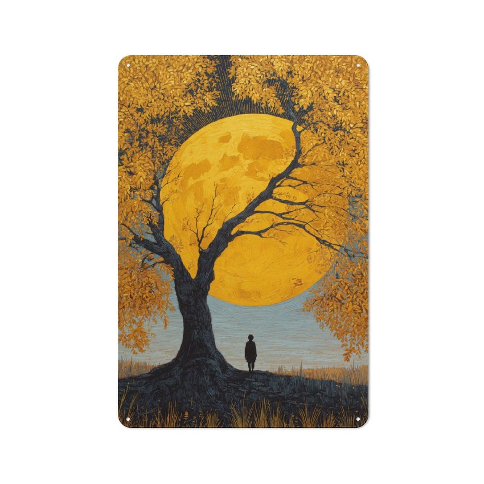 Nostalgic Golden Moonlit Tree Decorative Tin Sign 30x20cm, Vintage Wall Decor for Lounge, Study, Pub Or Wall Gallery