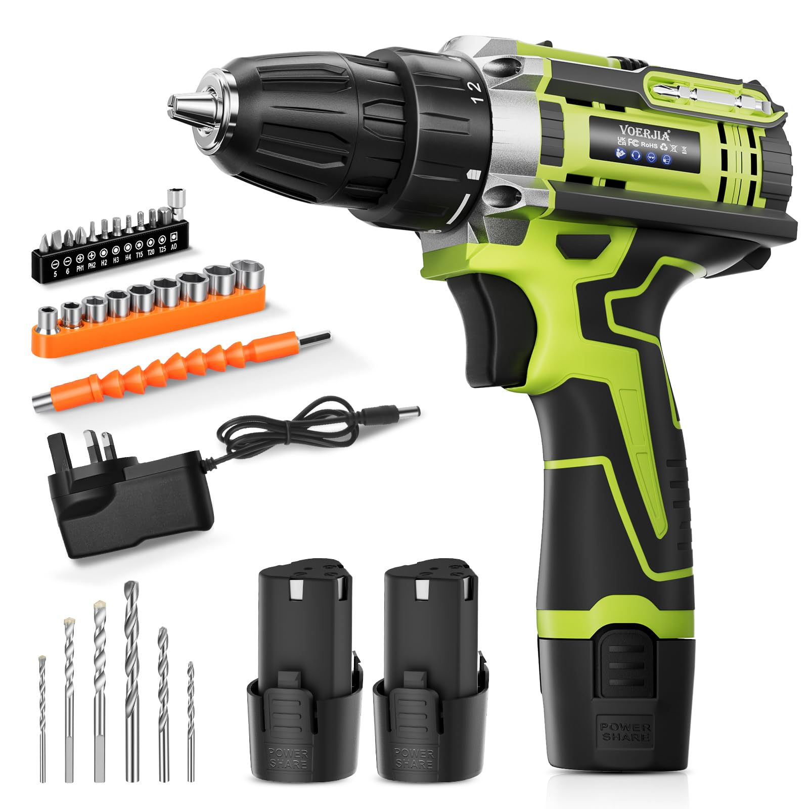 12V klein Akkuschrauber Set, Akku bohrschrauber mit 2 * 2000 mAh Akkus, 3/8" Bohrfutter, 18+1 Drehmoment, Led lichter & 2-Gang, 35 Nm Max. Akku bohrmaschine (Profi-Ausführung)