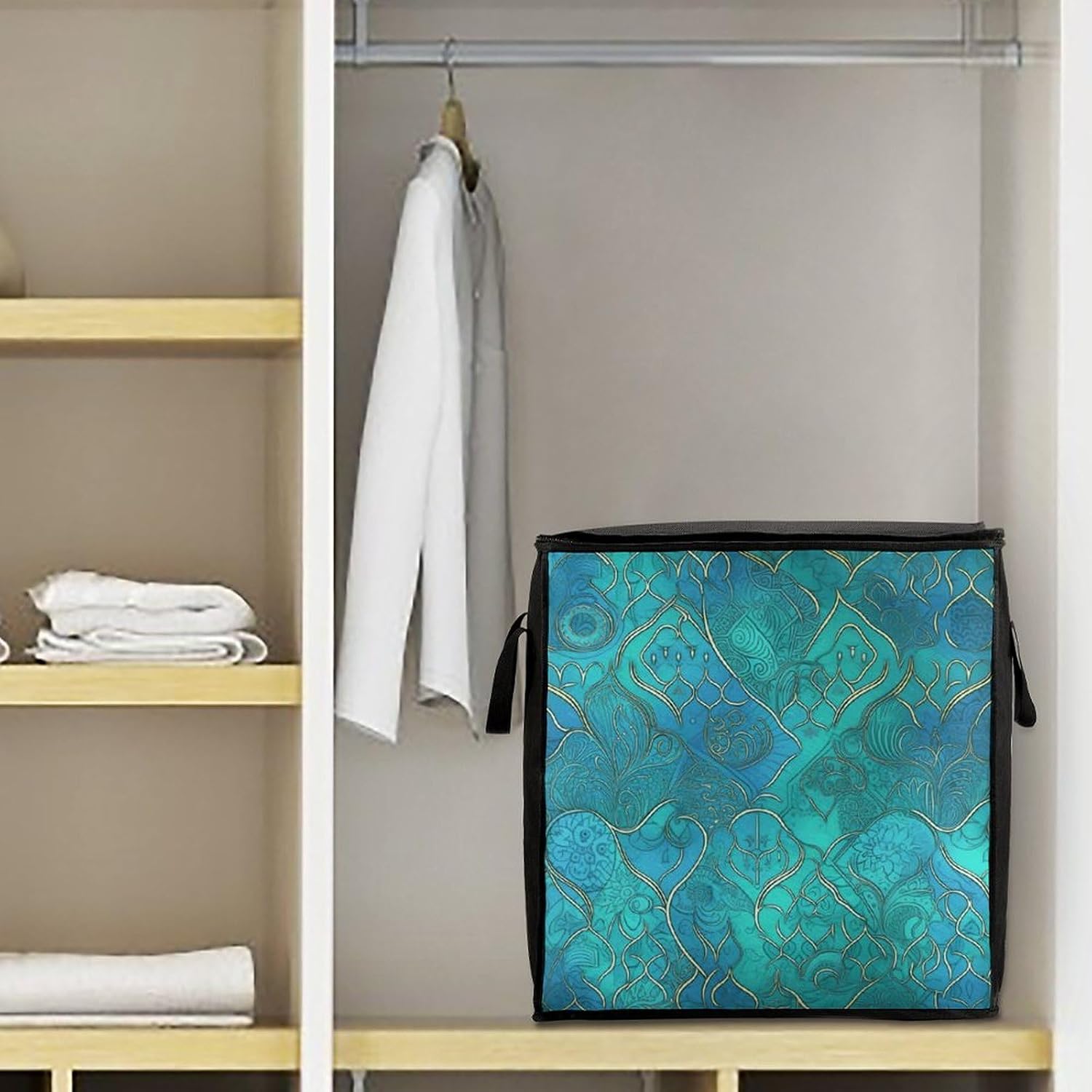 Turquoise Pattern Storage Bag with Zippers And Handle Extra Large Bedding Comforter Storage Bag Foldable Blanket Storage Bags Fabric Moving Bags for Closet Organizer (70L)