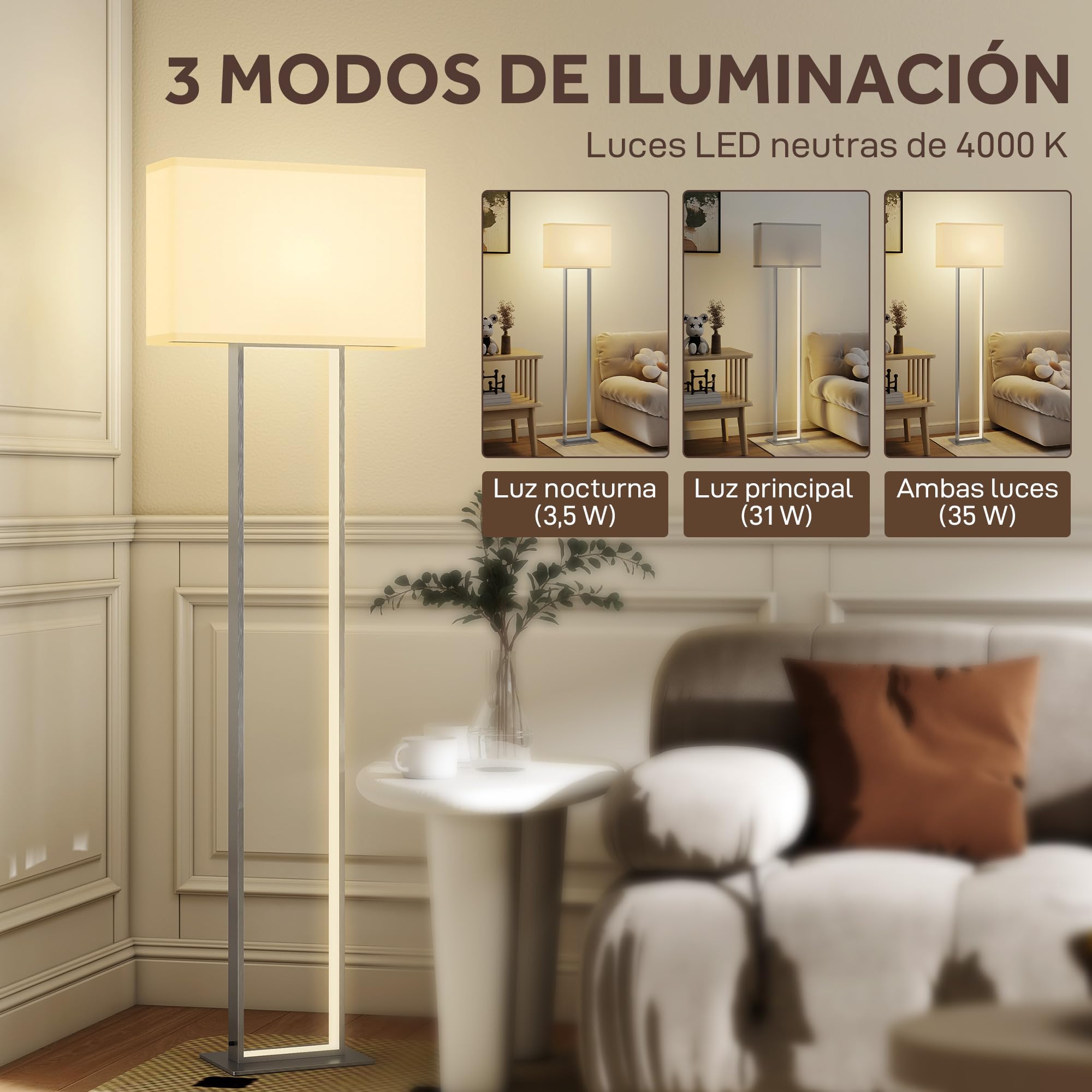 HOMCOM Lámpara de Pie Moderna 150cm con Pantalla de Tela para Salón Blanco | Luz Nocturna, Interruptor de Pie, Base Metálica, para Dormitorio Oficina Sala de Estar
