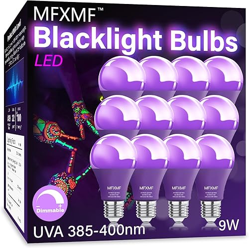 Paquete de 12 bombillas LED negras A19, 9 W (equivalente a 100 W), base E26, luces negras con base E26, nivel UVA 385-400 NM, brillan en la