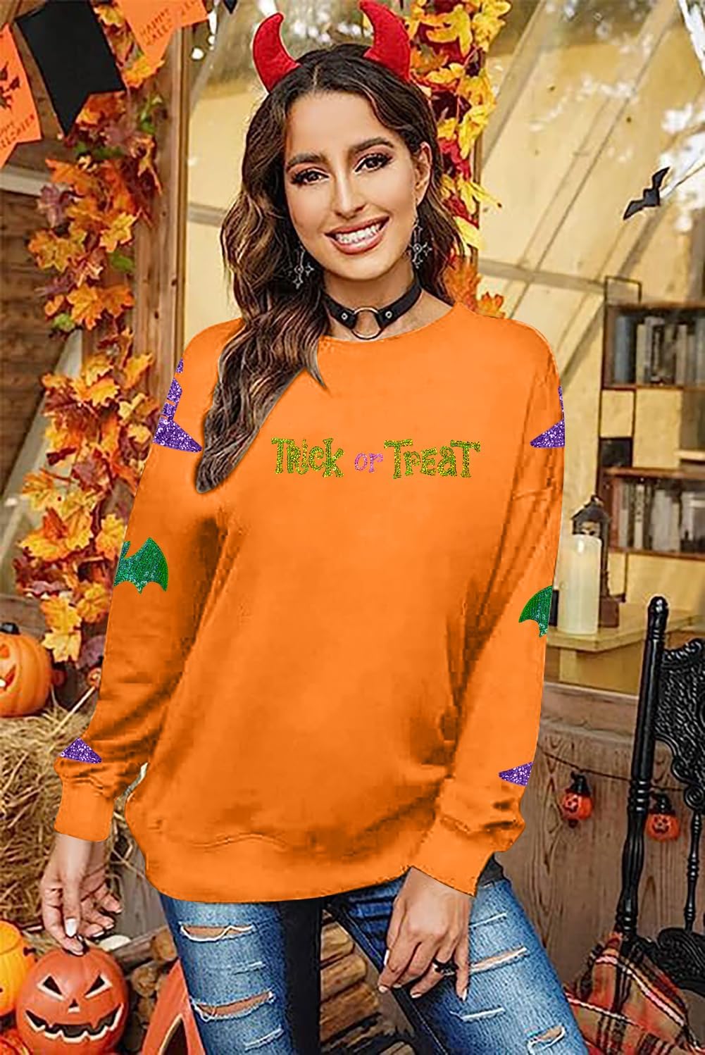 LUKYCILD Halloween Cat Sweatshirt Women Spooky Season Shirts Cute Ghost Cat Pumpkin Tee Halloween Crewneck Pullover Top - Image 3