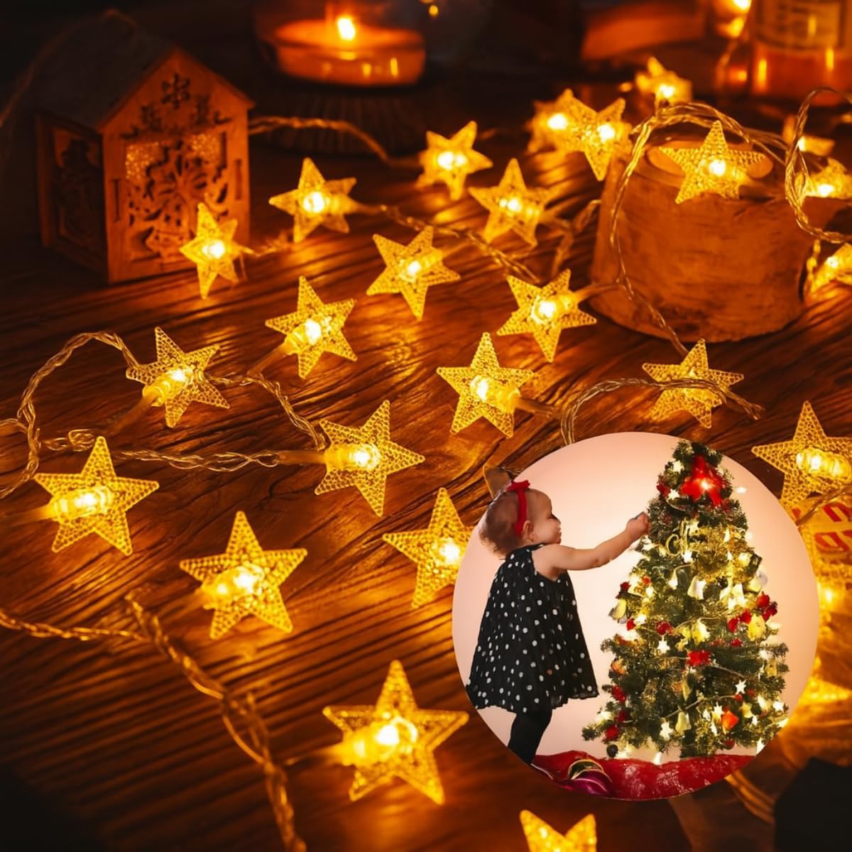 Pisca Estrela Led 2 Metros 8 Estrelas Decoração De Natal Pilha AA (Branco Frio)
