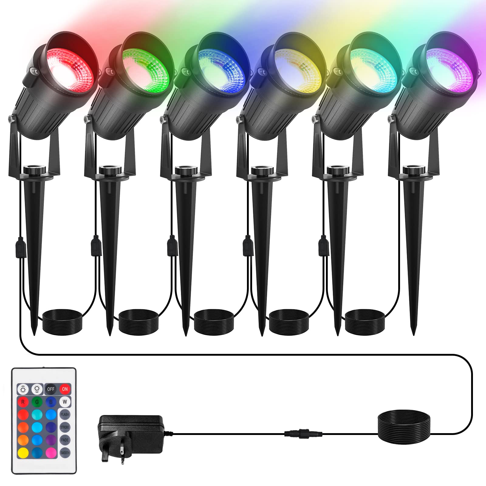 T-SUN Halloween Garden Spot Lights Mains Powered, 6-in-1 RGB Colour Changing Garden Spike Light with Remote