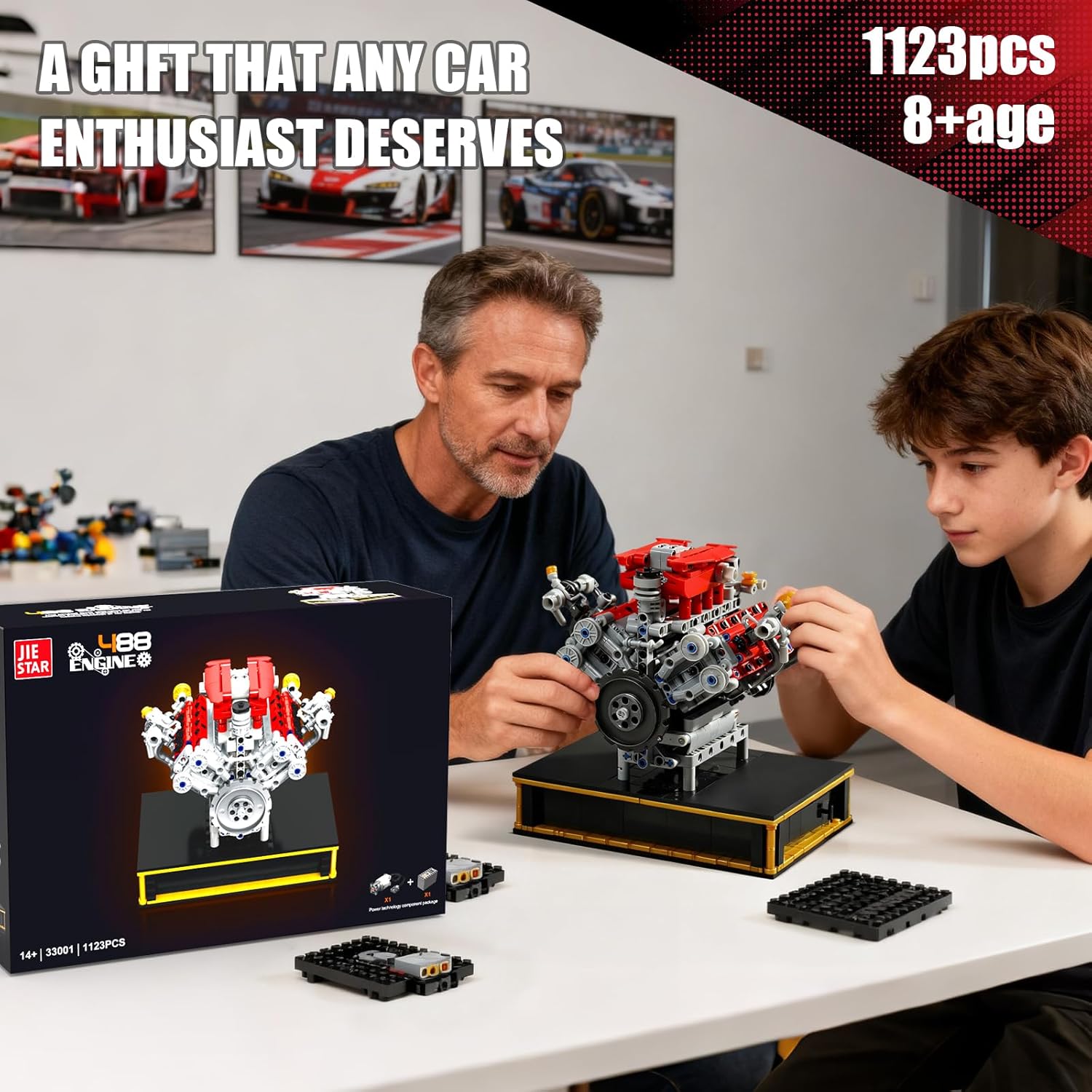 V8 Engine Technic Building Blocks Set That Runs Smoothly, Build Your Own 8 Cylinder Visible Dynamic 488 Engine Model Kit with Motor, STEM Educational Gift for Adults & Boys Ages 8+(1123PCS)