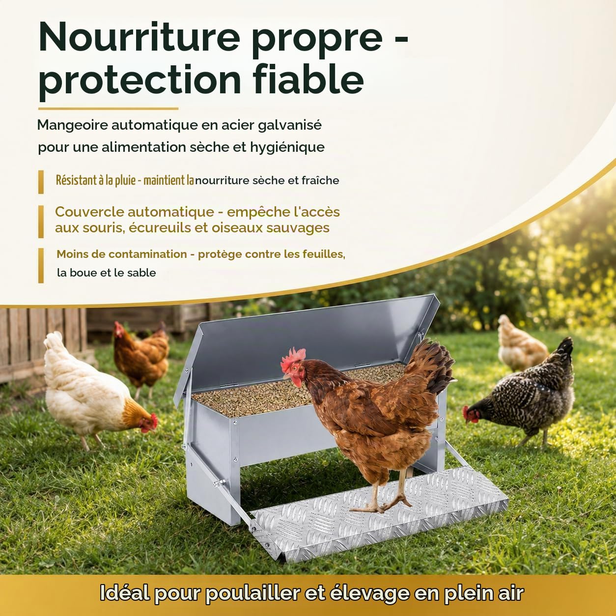Mangeoire Automatique Pour Poules - 5 Kg En Acier Galvanisé Avec Technologie Pédale - Base Antidérapante - Anti-Rats - Idéale Pour Écurie, Plein Air