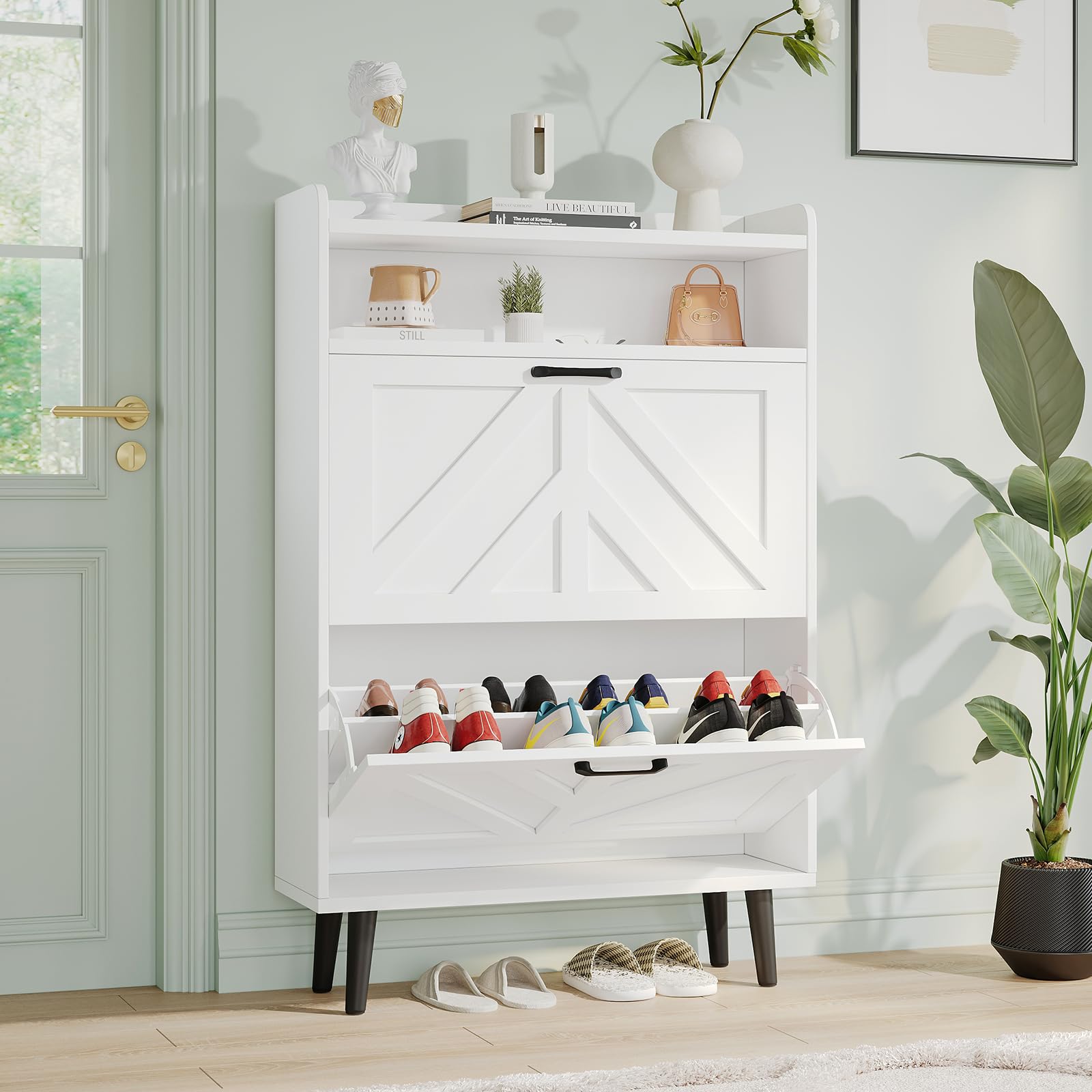 VOWNER Zapatero Entrada Recibidor Estrecho, Mueble Zapatero Blanco con 2 Puertas Abatibles y Estantes Ajustables, Organizador de Zapatos de Madera con Patas Elevadas para Pasillo, 75 x 24 x 113 cm