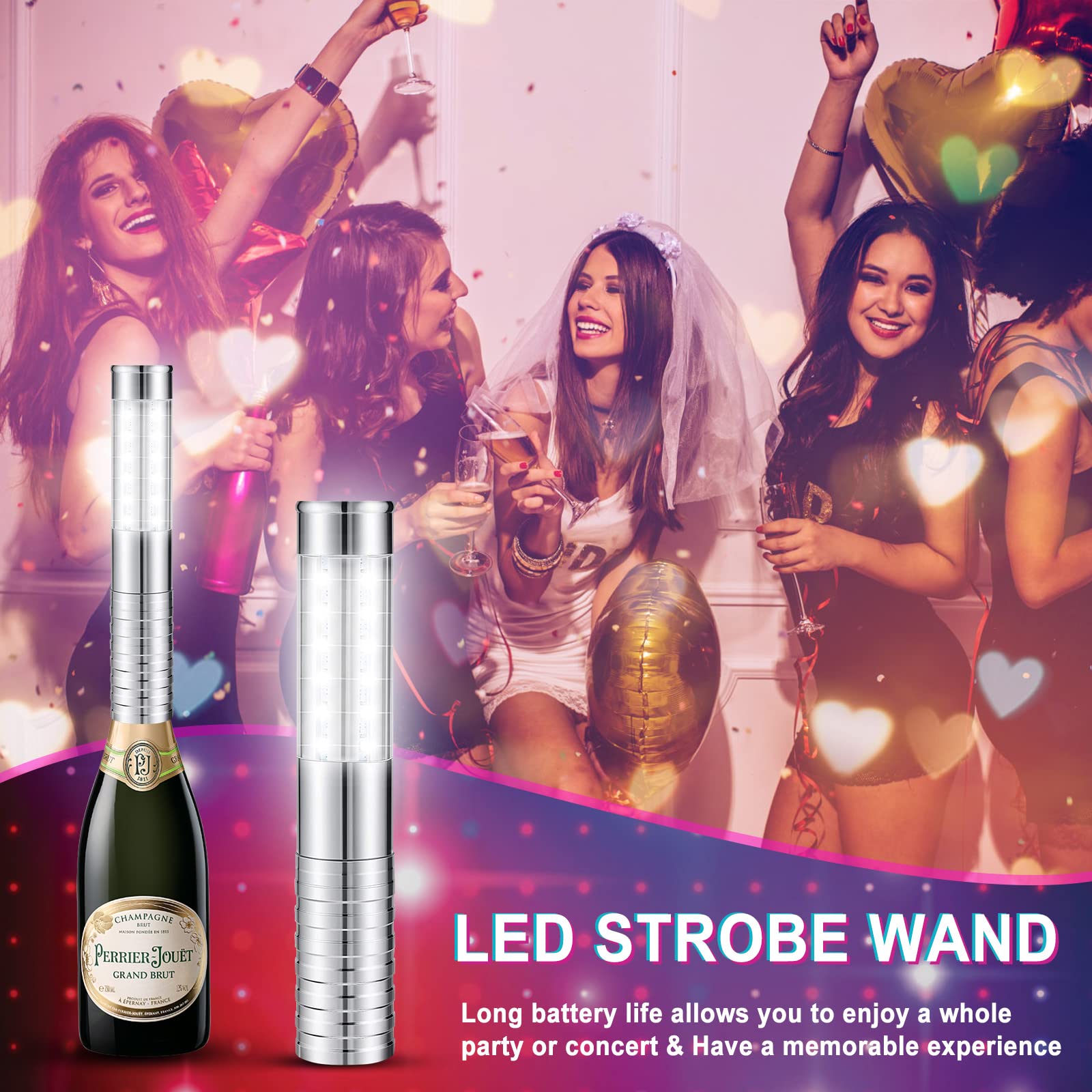 Baton Stroboscopique LED Bâton Lumineux Stroboscopique pour bouteille de champagne - lumière blanche, Réutilisable pour karaoké, bar, boîte de nuit, mariages, fêtes (Argenté)