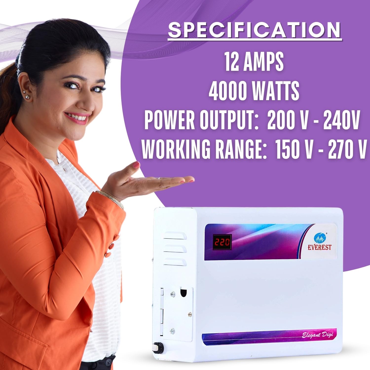Everest EWD 400 N Elegant Digi Double Booster Inverter AC & Normal AC Voltage Digital Display Stabilizer Used Upto 1.5 Ton AC Working Range (150 V to 270 V) White 3